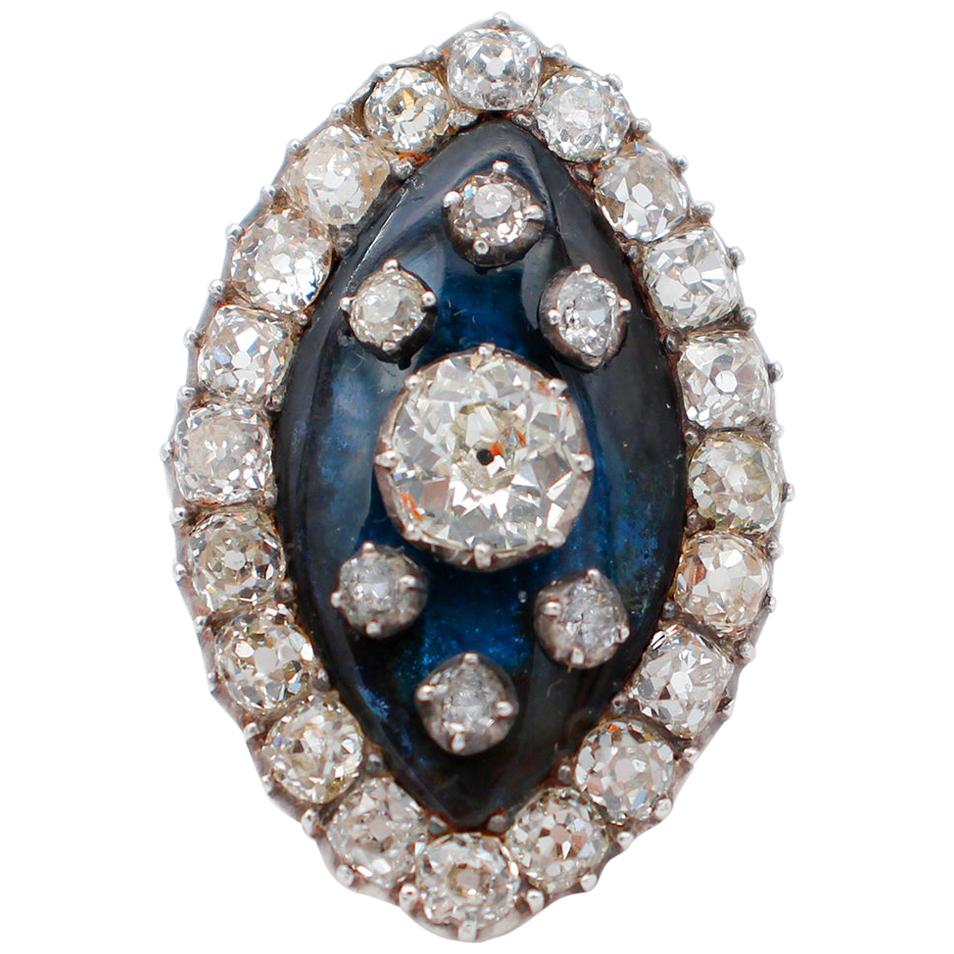 Bague rétro en diamants, émail, or rose 9 carats et argent