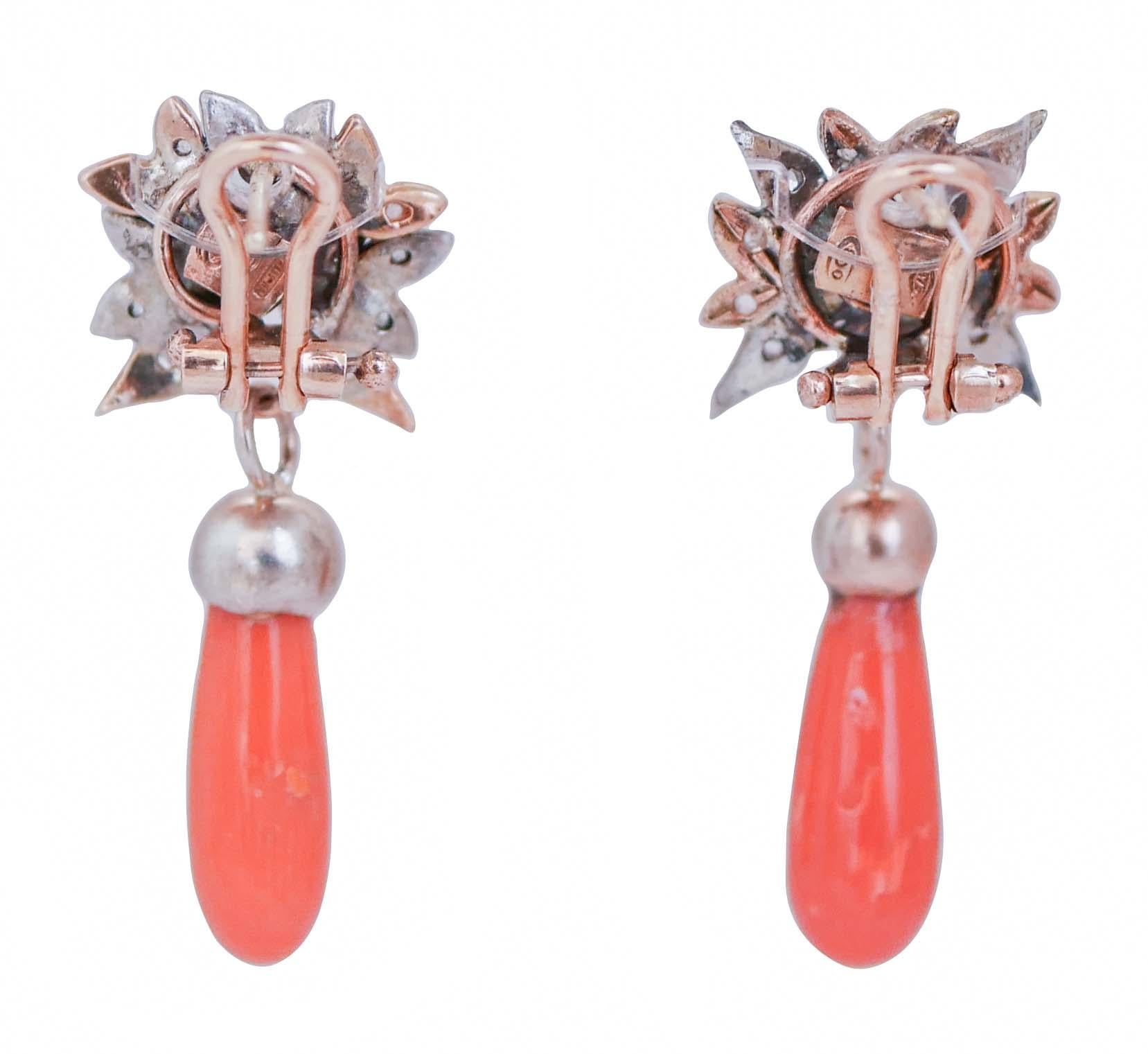 Retro Diamonds, Stones, Coral, Pearls, Rose Gold and Silver Earrings. For Sale