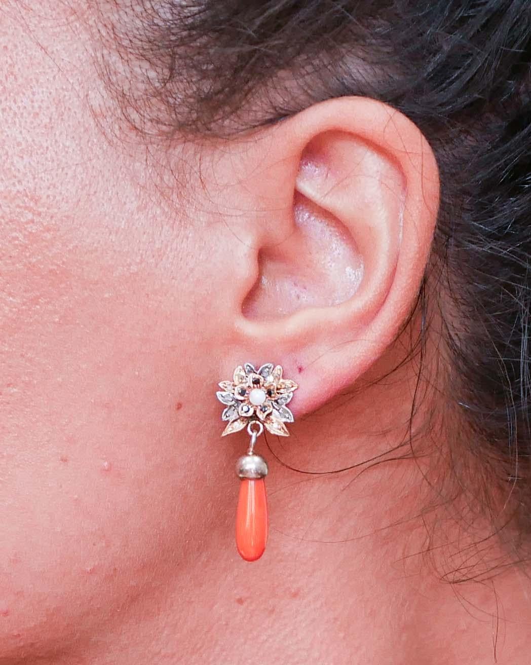 Diamonds, Stones, Coral, Pearls, Rose Gold and Silver Earrings. In Good Condition For Sale In Marcianise, Marcianise (CE)