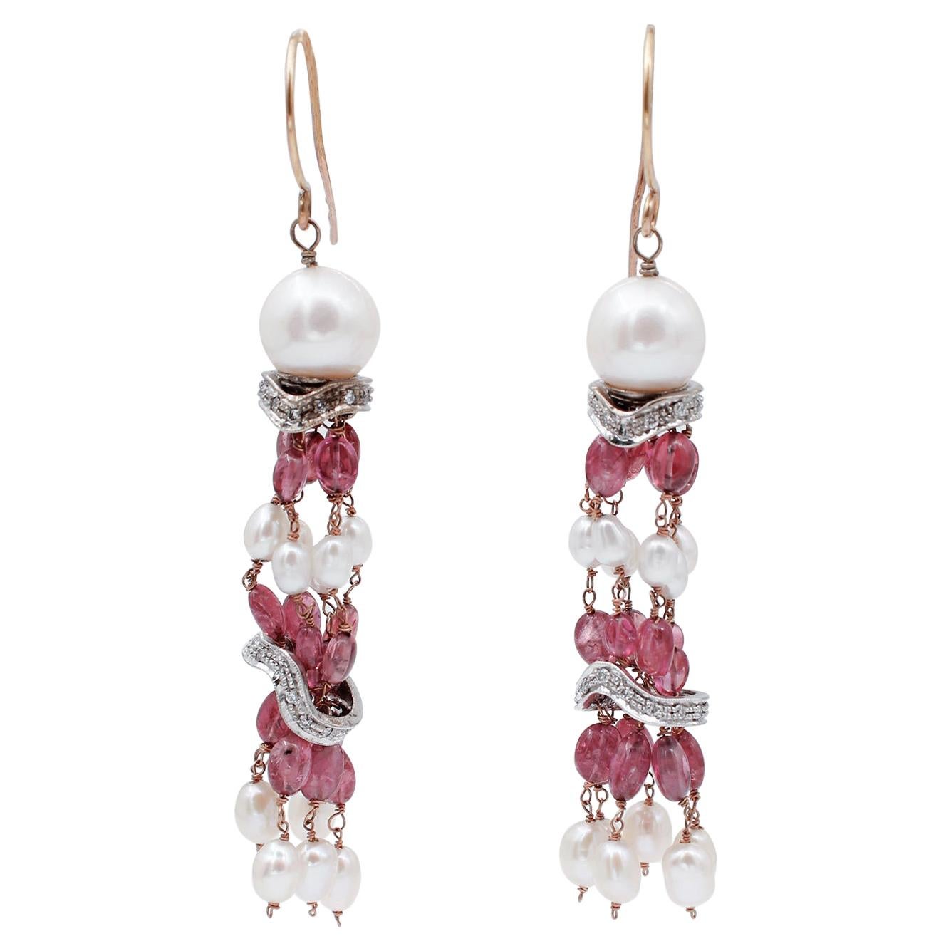 Diamonds, Stones, Pearls, 14 Karat Rose and White Gold Dangle Earrings For Sale