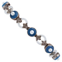 Diamonds, Stones, Pearls, 9 Karat Rose Gold and Silver Retrò Bracelet