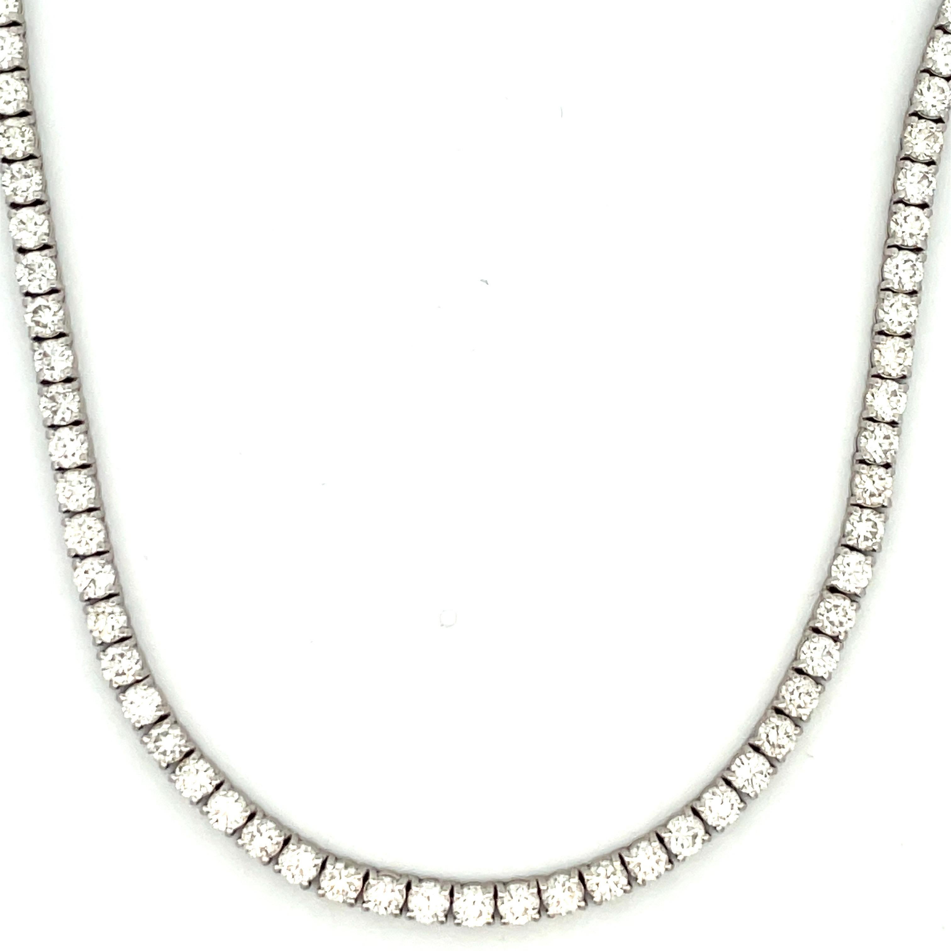 Diamond straight line necklace featuring 113 round brilliant weighing 17.25 ct, in 14 karat white gold.
Color G-H
Clarity SI1-2
Average stones 0.15 pts 

We manufacture Straight line & Riviere Necklaces
Sizes Range 1 -26 Carats
Can customize any