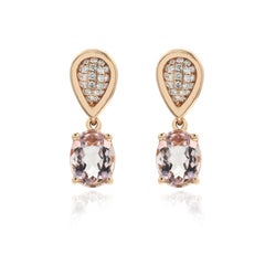 Diamonds Studded in 14K Rose Gold Earrings with Dangling Oval Cut Rose Quartz