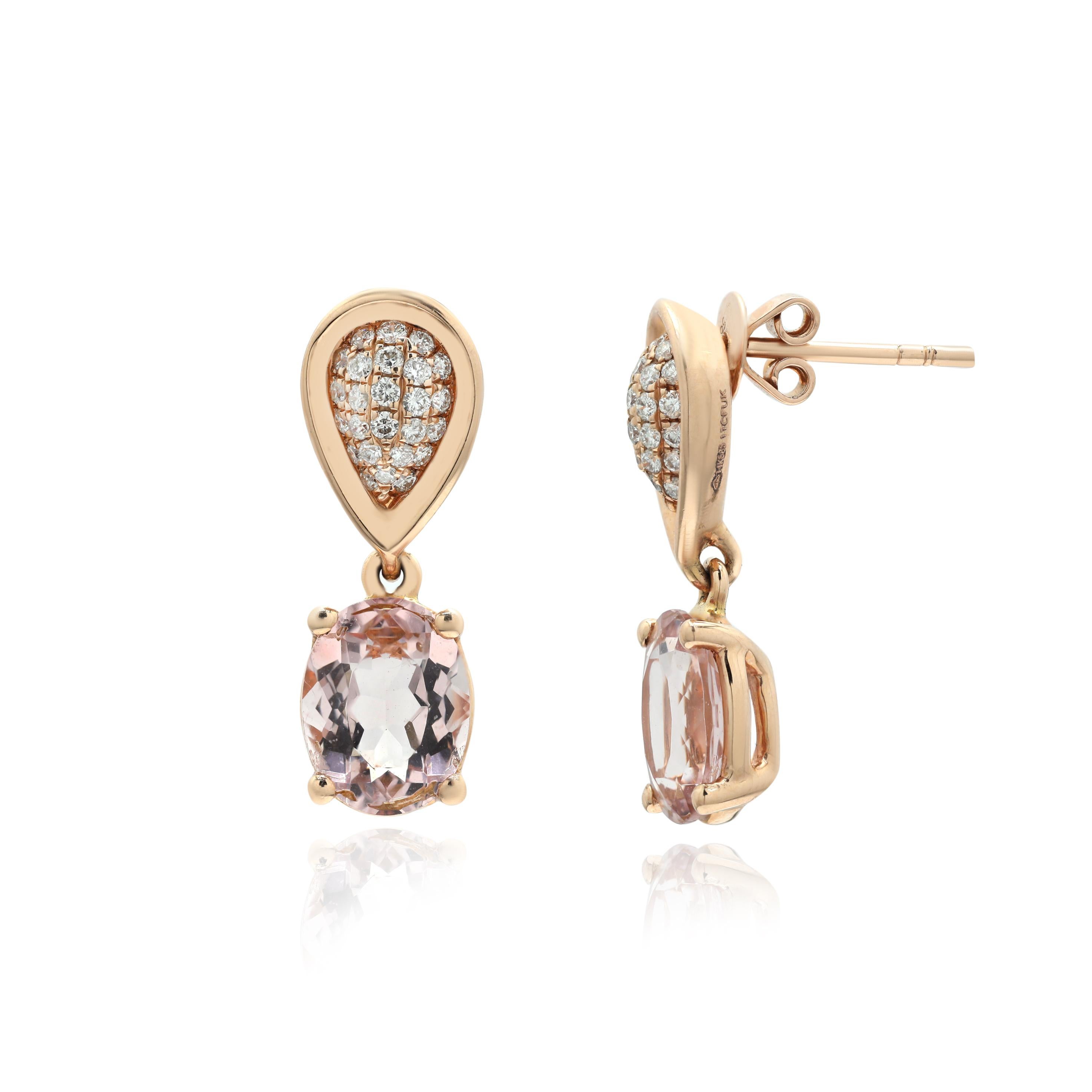 Modern Diamonds Studded in 14K Rose Gold Earrings with Dangling Oval Cut Rose Quartz  For Sale