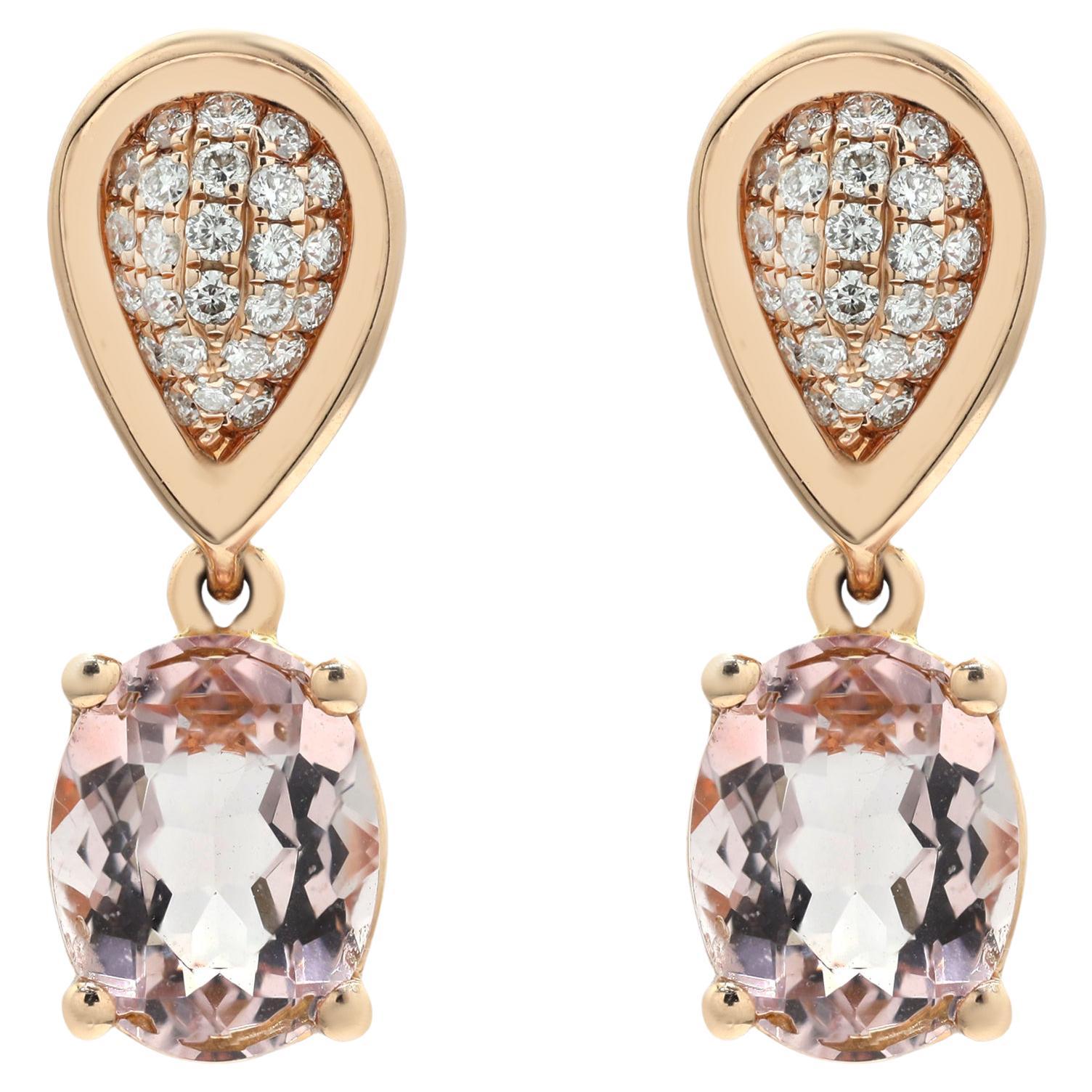 Diamonds Studded in 14K Rose Gold Earrings with Dangling Oval Cut Rose Quartz  For Sale