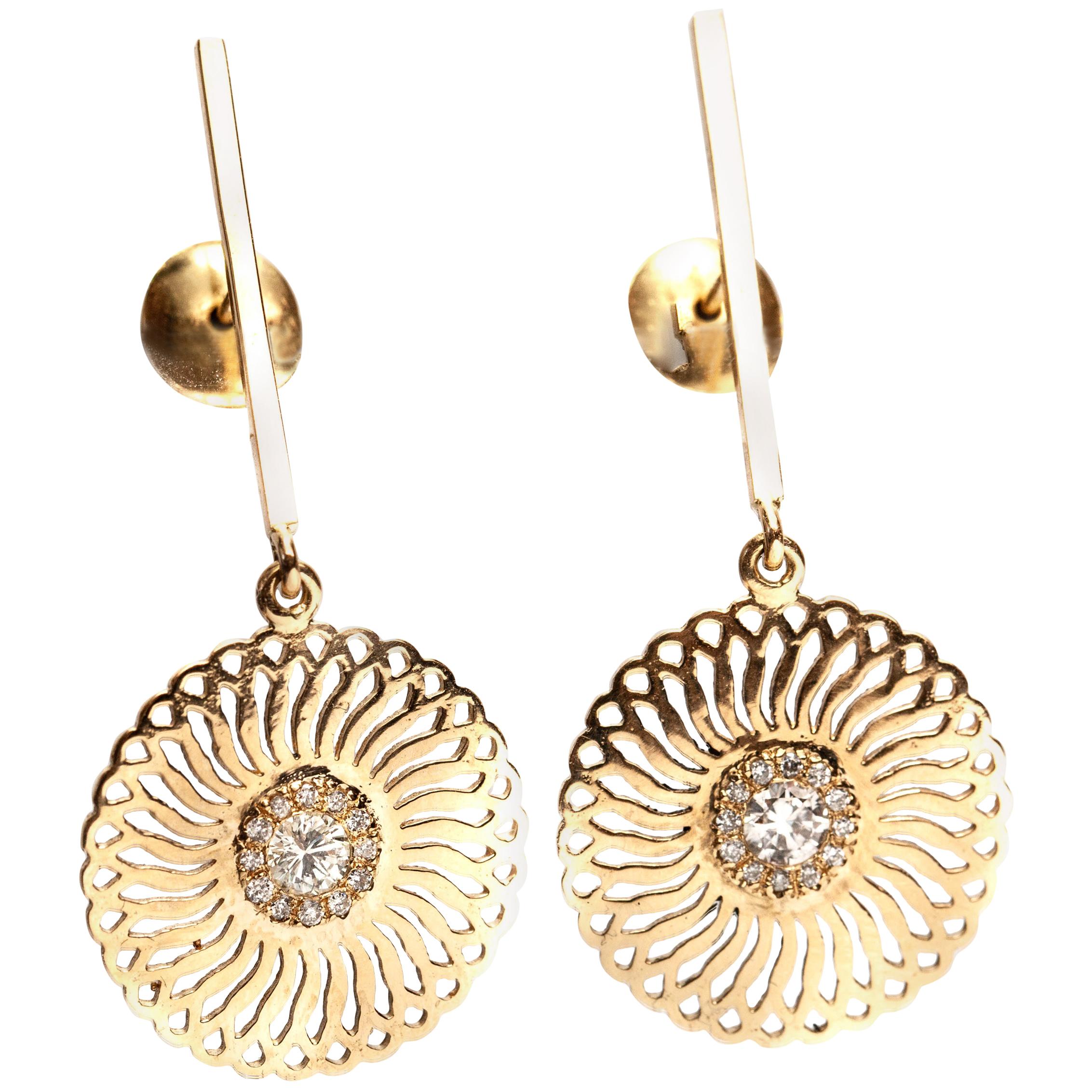 18 Karat  Yellow Gold Diamonds Sunflower , Unique Dangle  Drop Earrings 