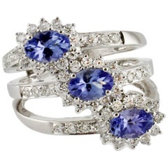 Diamonds, Tanzanite, 18 Karat White Gold Flowers Ring.
