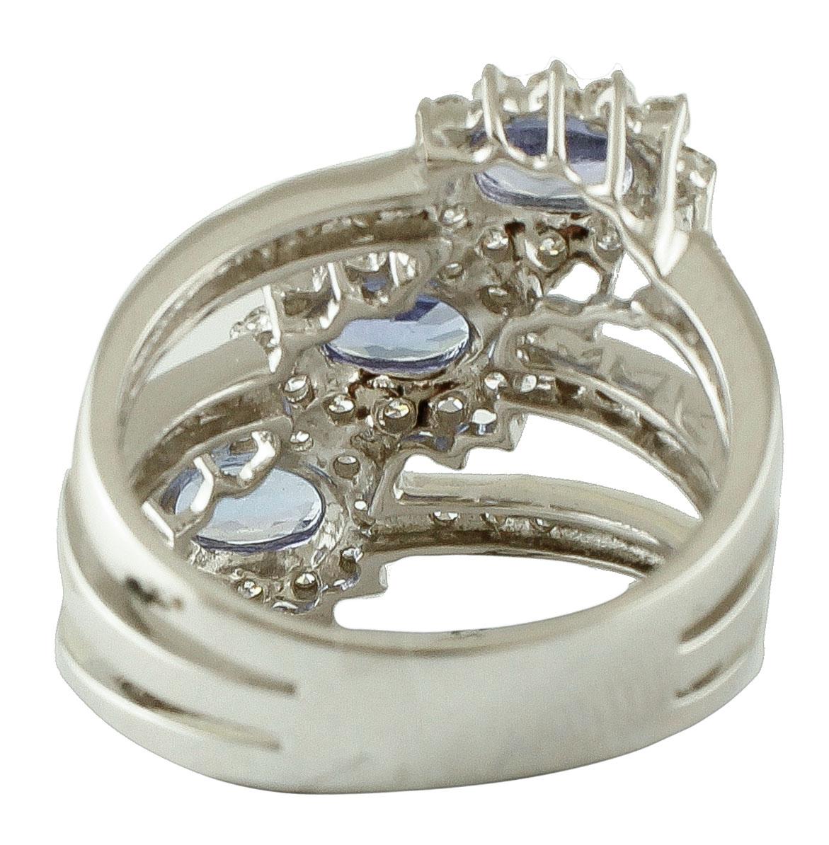 Retro Diamonds, Tanzanite, 18 Karat White Gold Ring For Sale