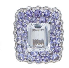 Diamonds, Tanzanite, Aquamarine, 14 Karat White Gold  Earrings