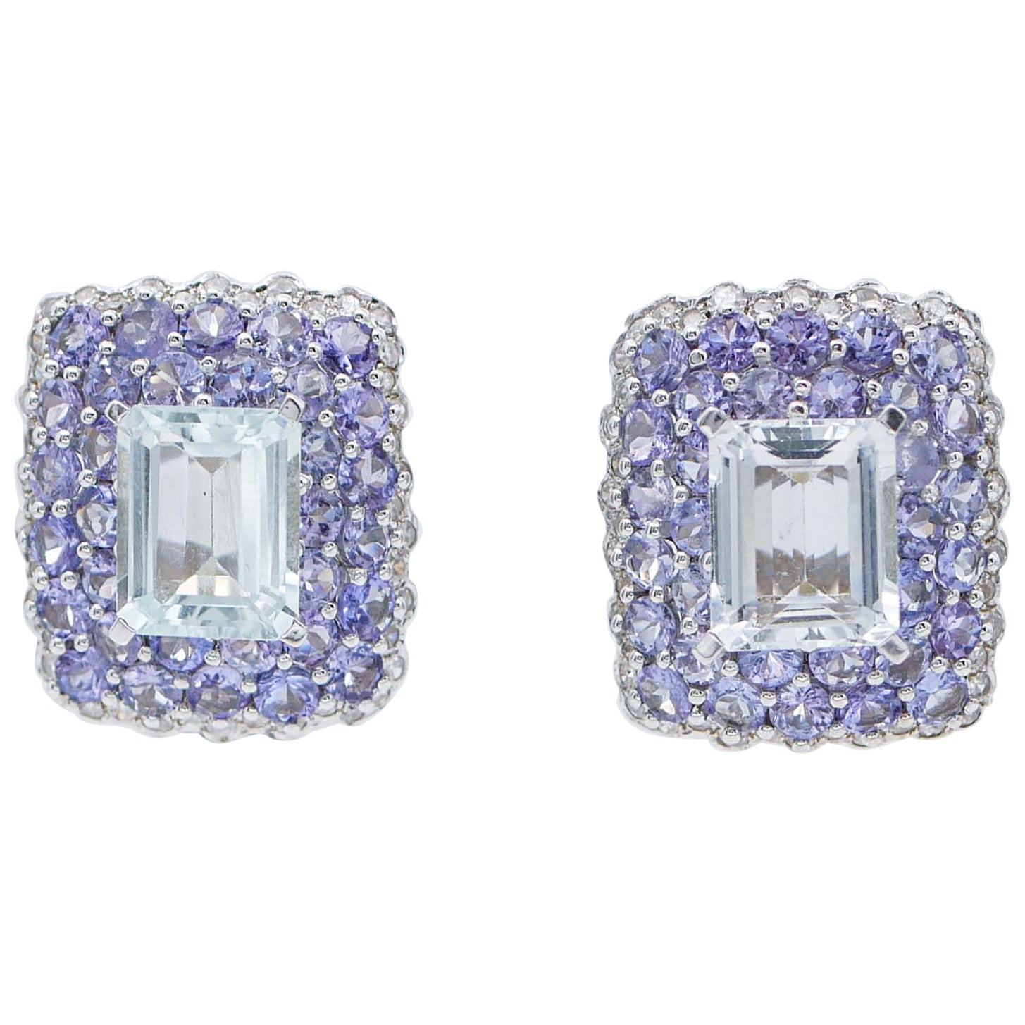Or blanc 14 carats avec diamants, tanzanite et aigue-marine  Boucles d'oreilles