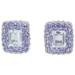 Or blanc 14 carats avec diamants, tanzanite et aigue-marine  Boucles d'oreilles