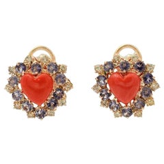 Diamonds, Tanzanite, Coral Heart, 14 Karat Yellow Gold Stud Earrings