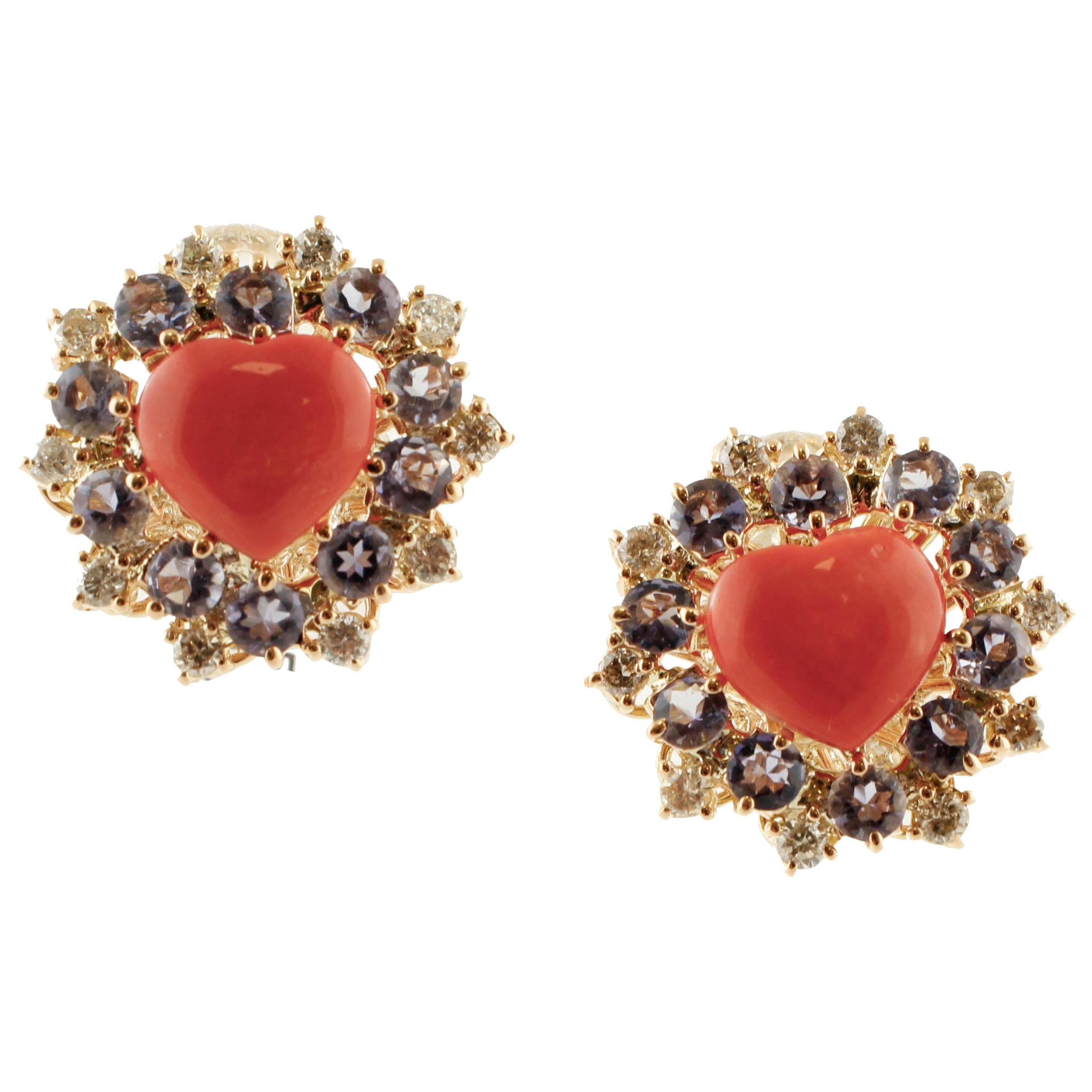 Diamonds, Tanzanite, Heart Shape Red Coral, Rose Gold Clip-On Earrings
