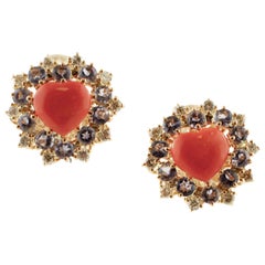 Retro Diamonds, Tanzanite, Heart Shape Red Coral, Rose Gold Clip-On Earrings