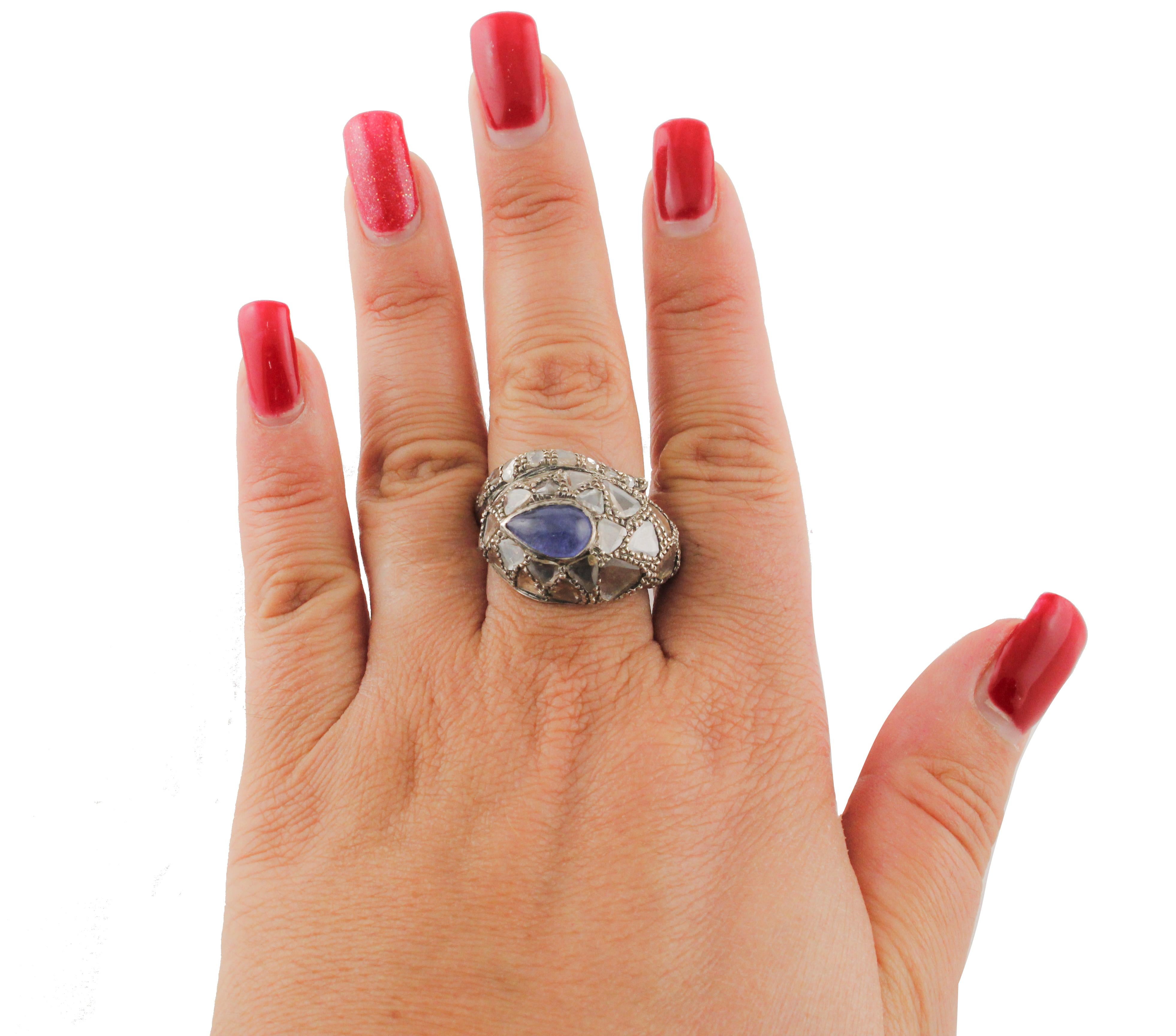 Rose Cut Diamonds Tanzanite Rose Gold and Silver Snake Fashion Ring For Sale