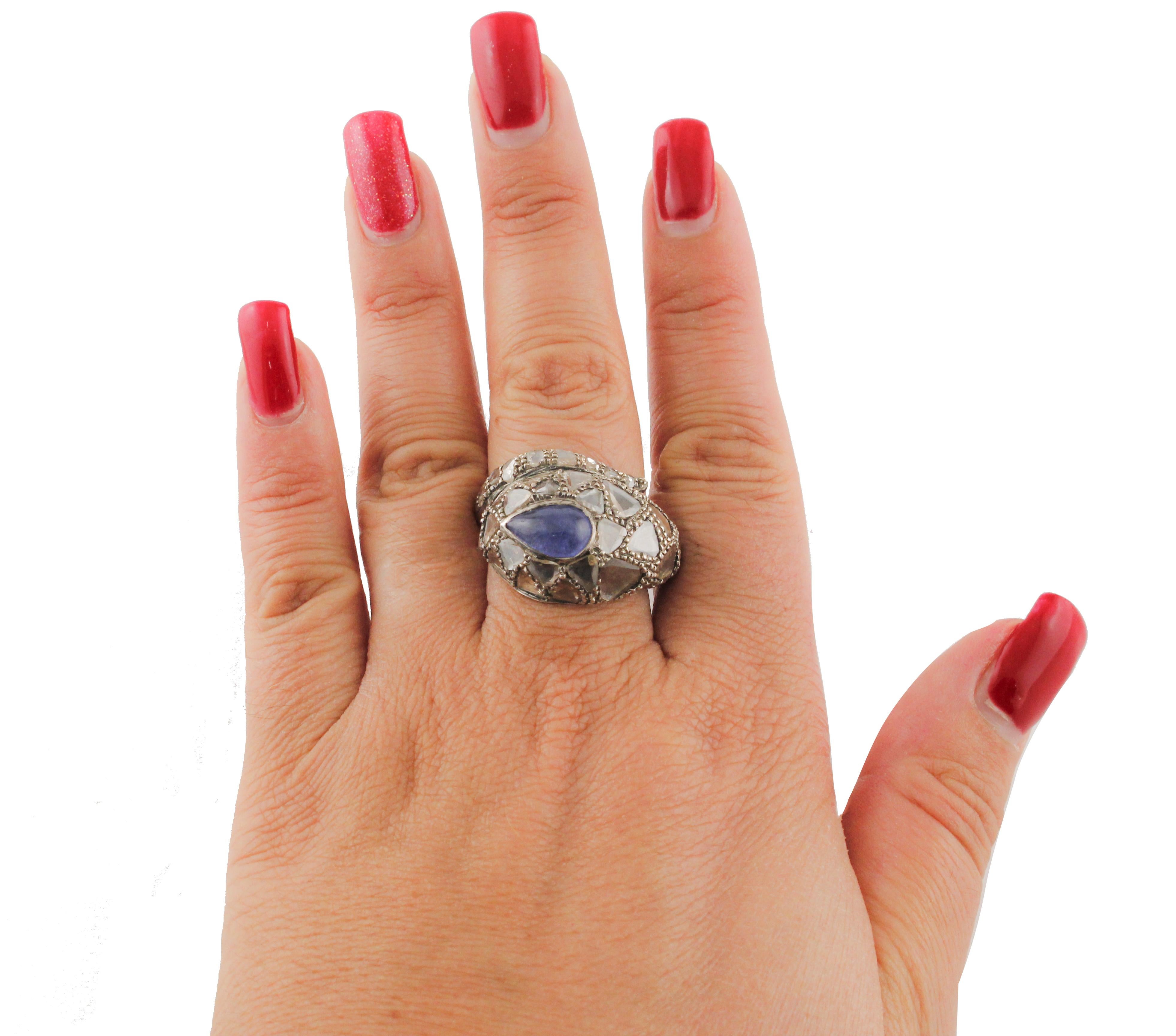Rose Cut Diamonds Tanzanite Rose Gold and Silver Snake Fashion Ring