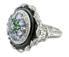 Diamonds, Tanzanite, Tsavorite, Onyx, White gold, Vintage Ring