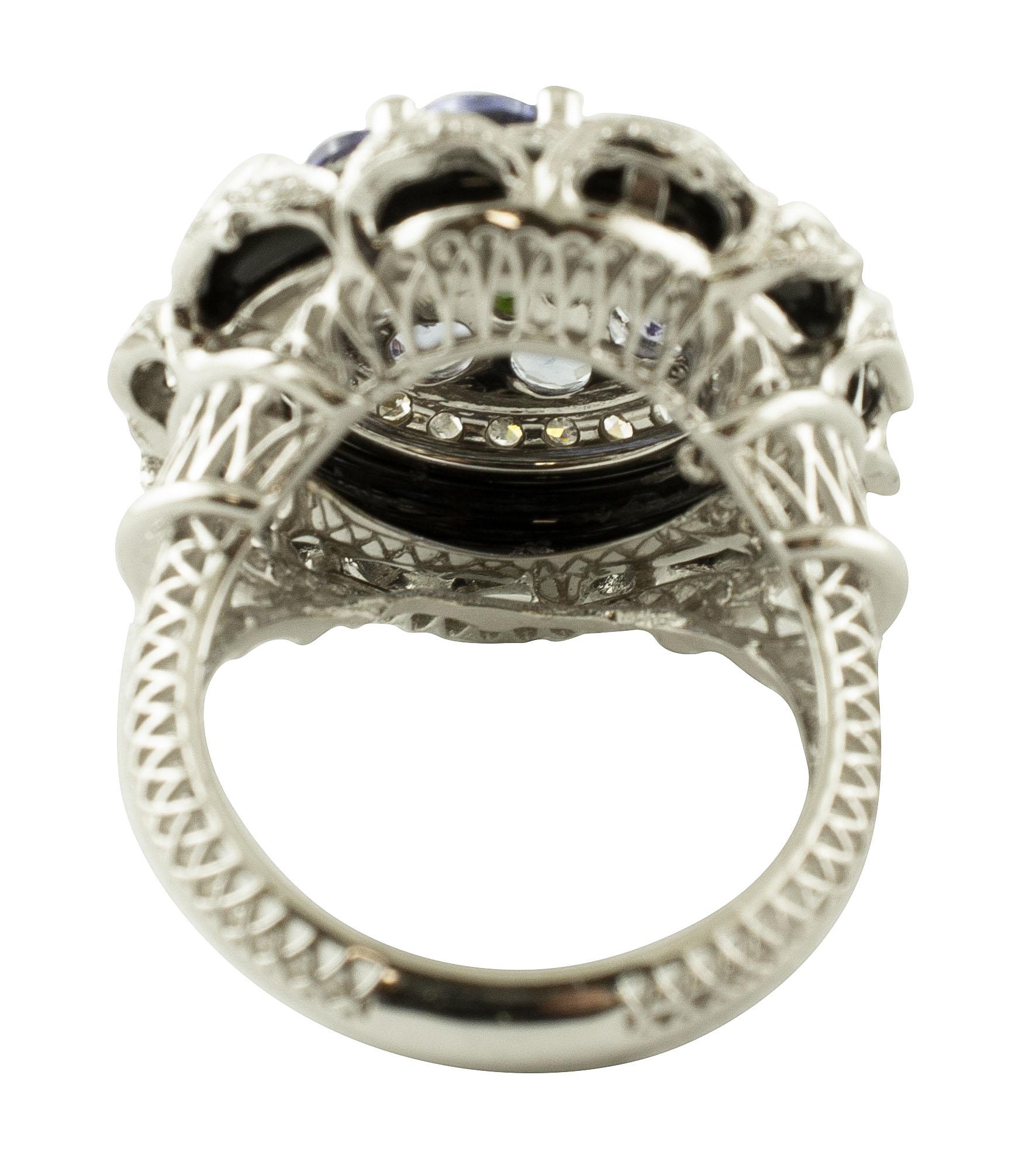 Diamonds, Tanzanite, Tsavorite, Onyx, White gold, Vintage Ring (Gemischter Schliff) im Angebot