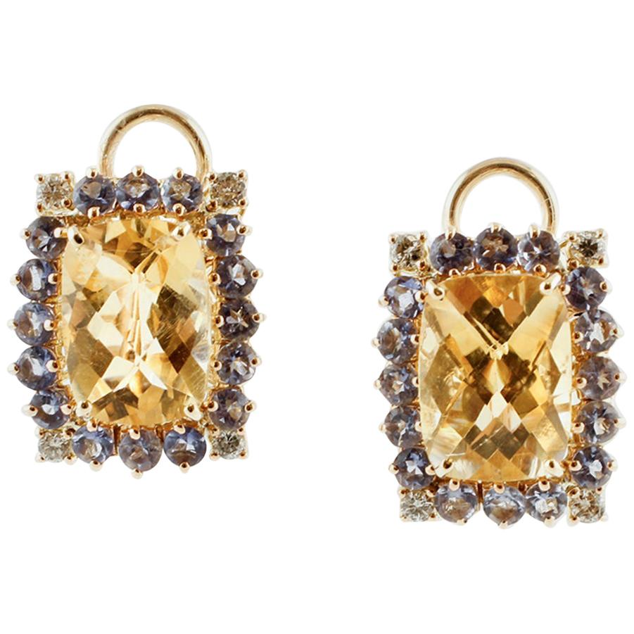 Diamonds, Tanzanite, Yellow Topazs, 14 Karat Yellow Gold Earrings For Sale