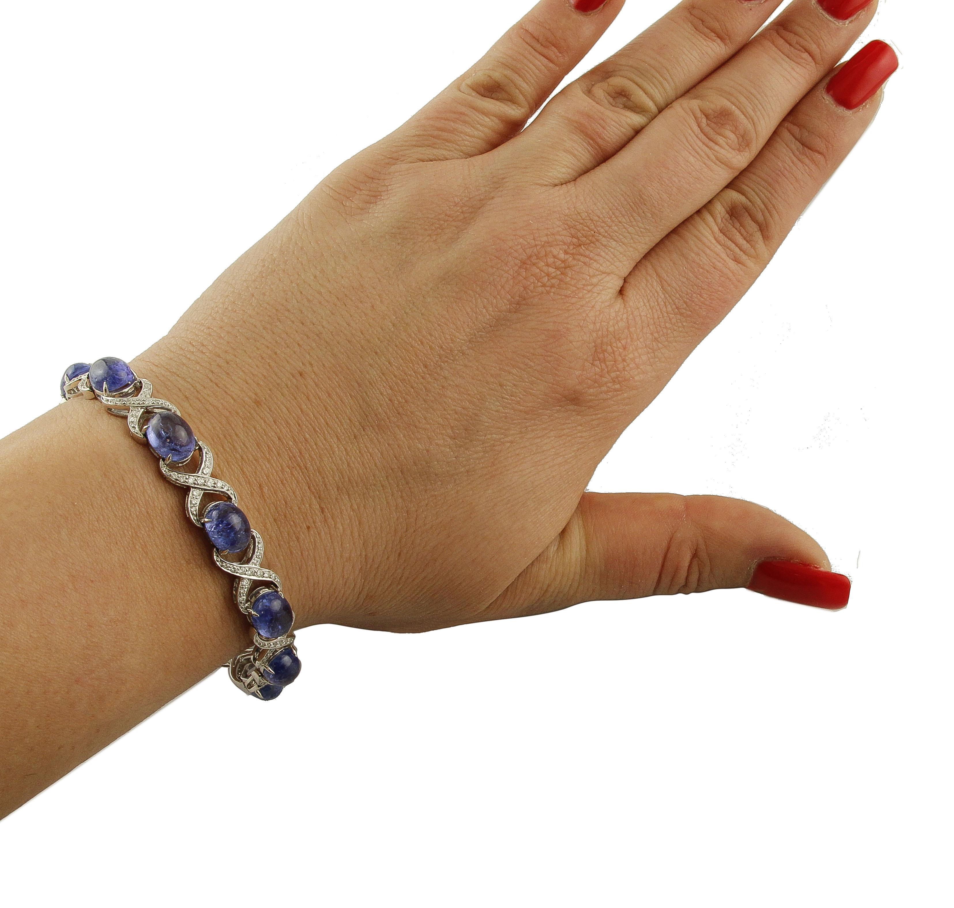 Women's Diamonds, Tanzanites, 18 Karat White Gold Link Bracelet