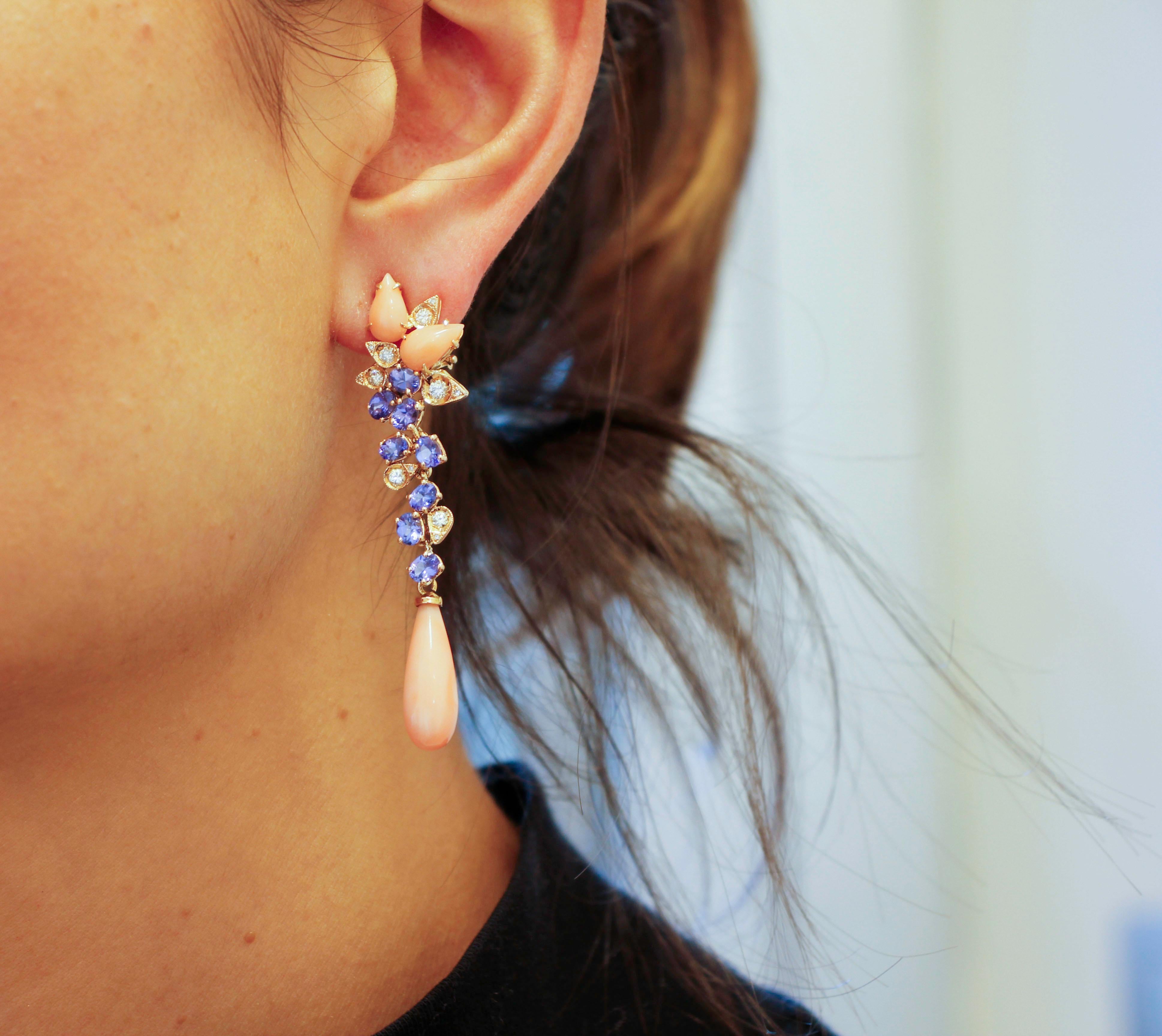 Diamonds, Tanzanites, Angel Skin Pink Coral Drops, Rose Gold Clip-on Earrings 2