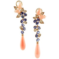 Diamonds, Tanzanites, Angel Skin Pink Coral Drops, Rose Gold Clip-on Earrings