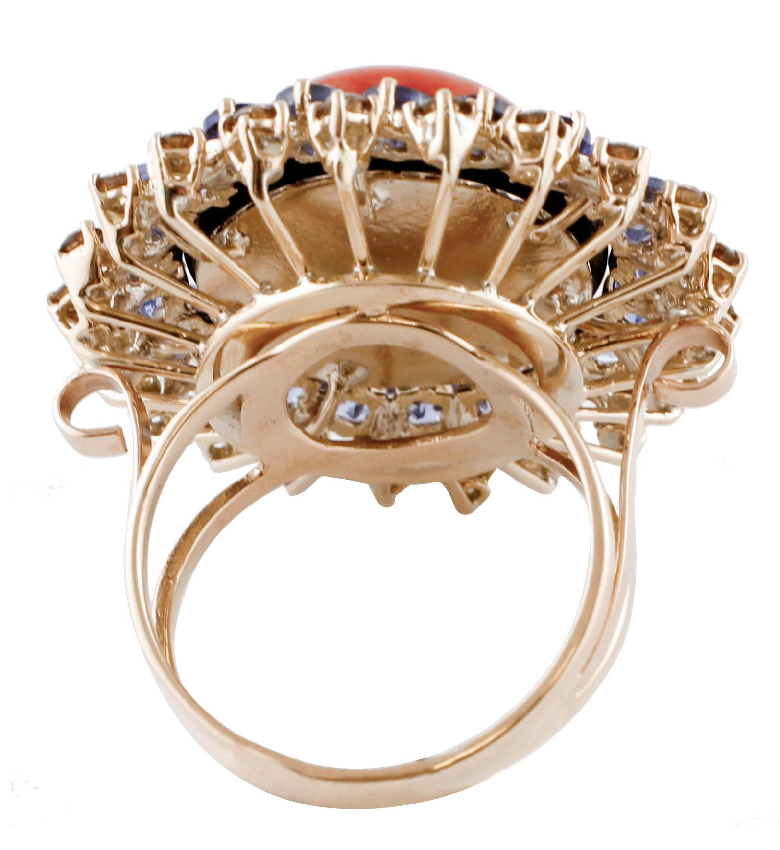 Retro Diamonds, Tanzanites, Coral, Onyx, Rose Gold Cocktail/Fashion Retrò Ring