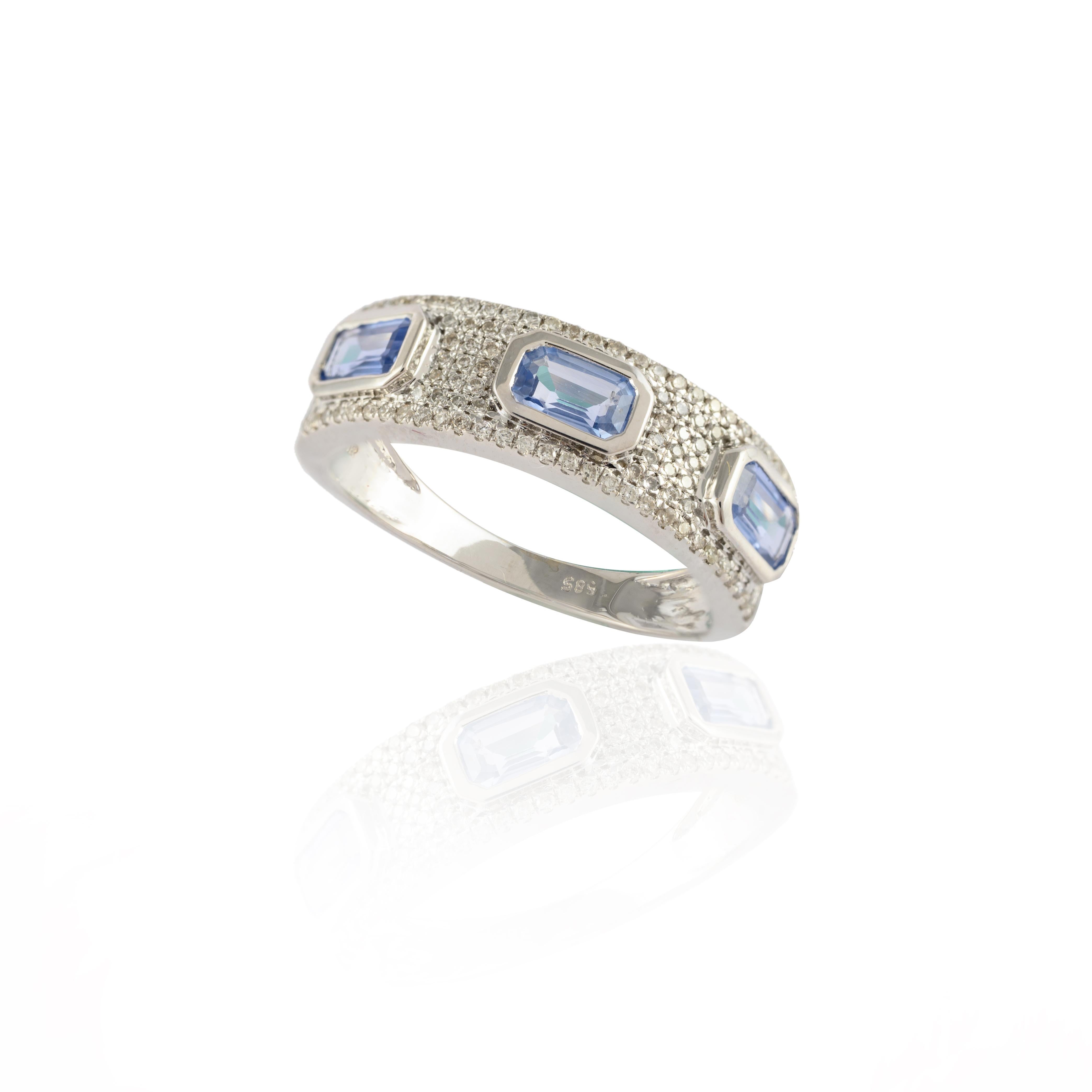 For Sale:  Diamonds Three Stone Blue Sapphire Engagement Ring in 14k White Gold 5