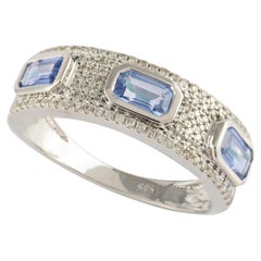 Diamonds Three Stone Blue Sapphire Engagement Ring in 14k White Gold