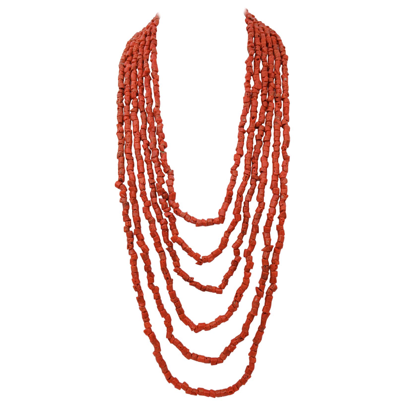 Diamonds, Topaz, Coral, Pearls, 9 Karat Gold and Silver Multi-Strands Necklace