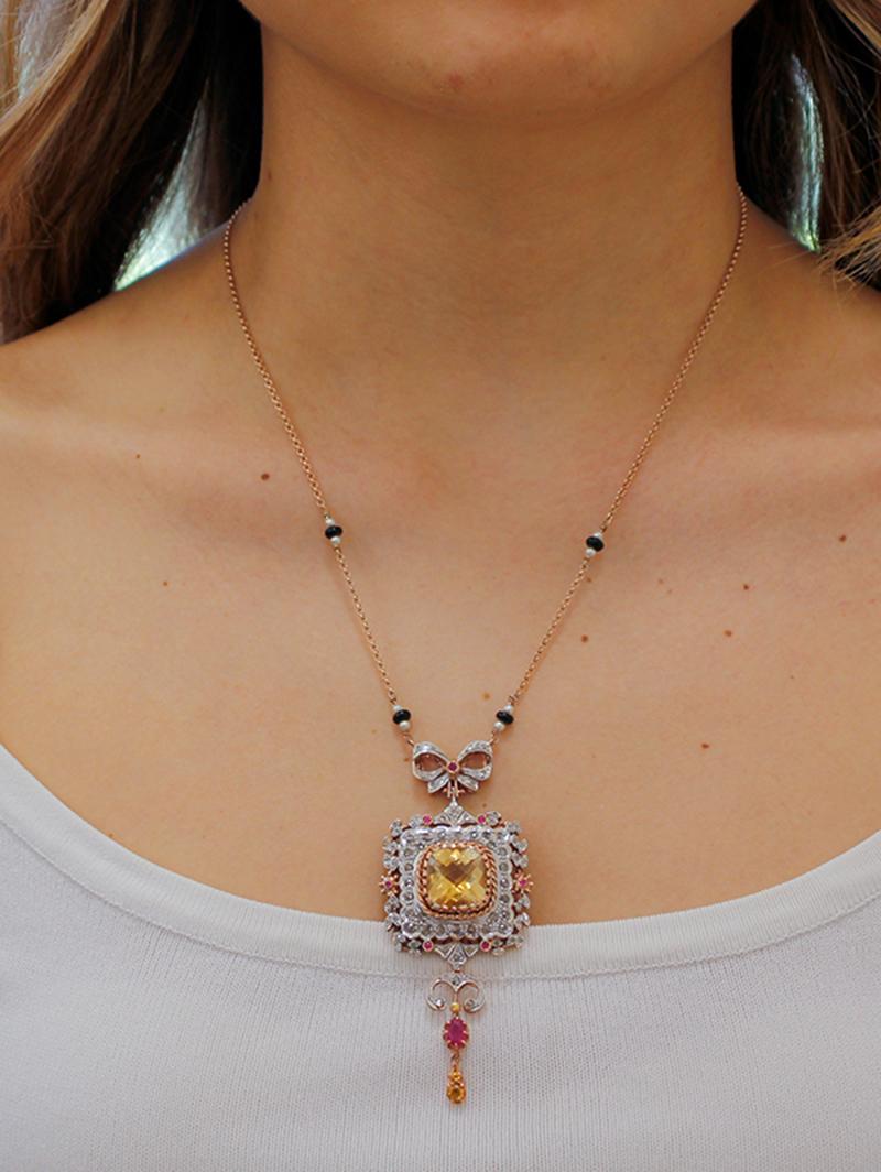 Women's Diamonds, Topaz, Rubies, Onyx, Pearls, 9kt Rose Gold and Silver Retrò Necklace