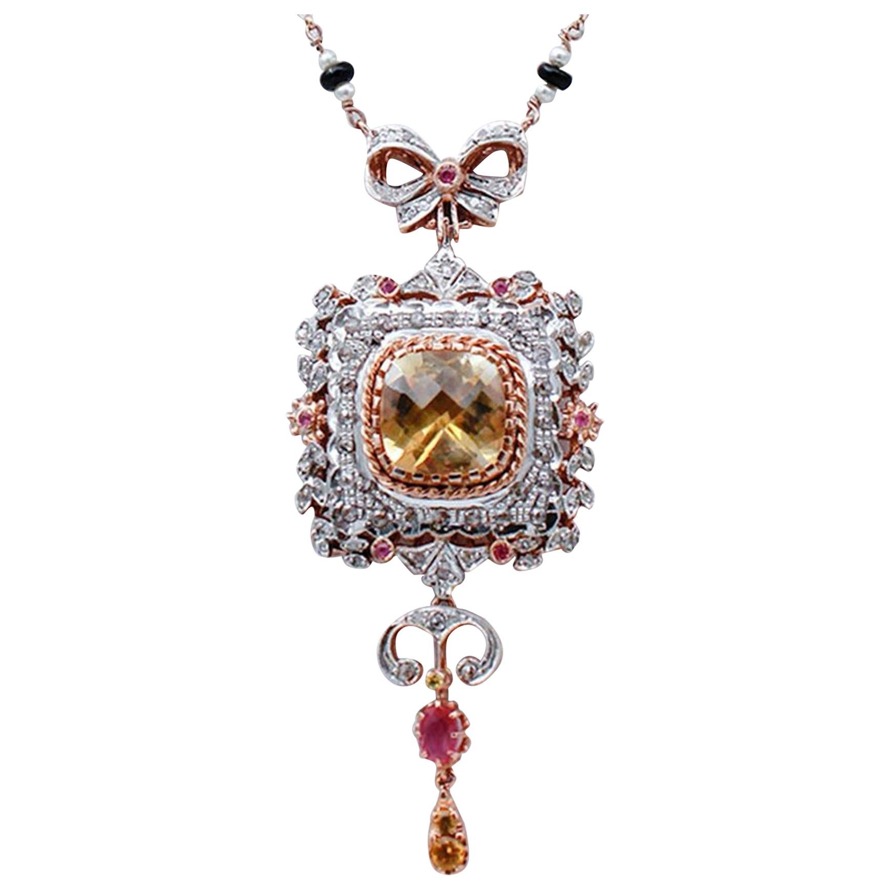Diamonds, Topaz, Rubies, Onyx, Pearls, 9kt Rose Gold and Silver Retrò Necklace