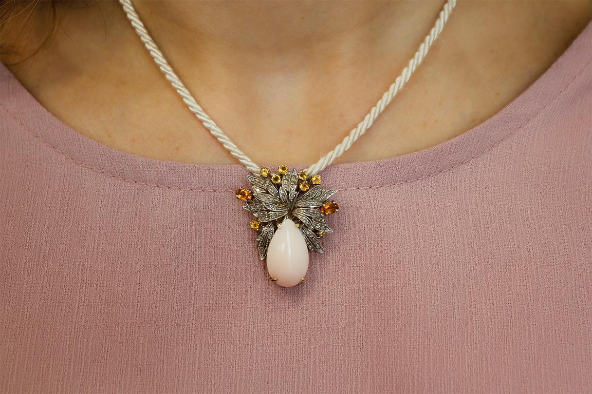 Women's Diamonds, Topazes, Pink Coral Drop, 18 Karat White Gold Retrò Pendant Necklace For Sale