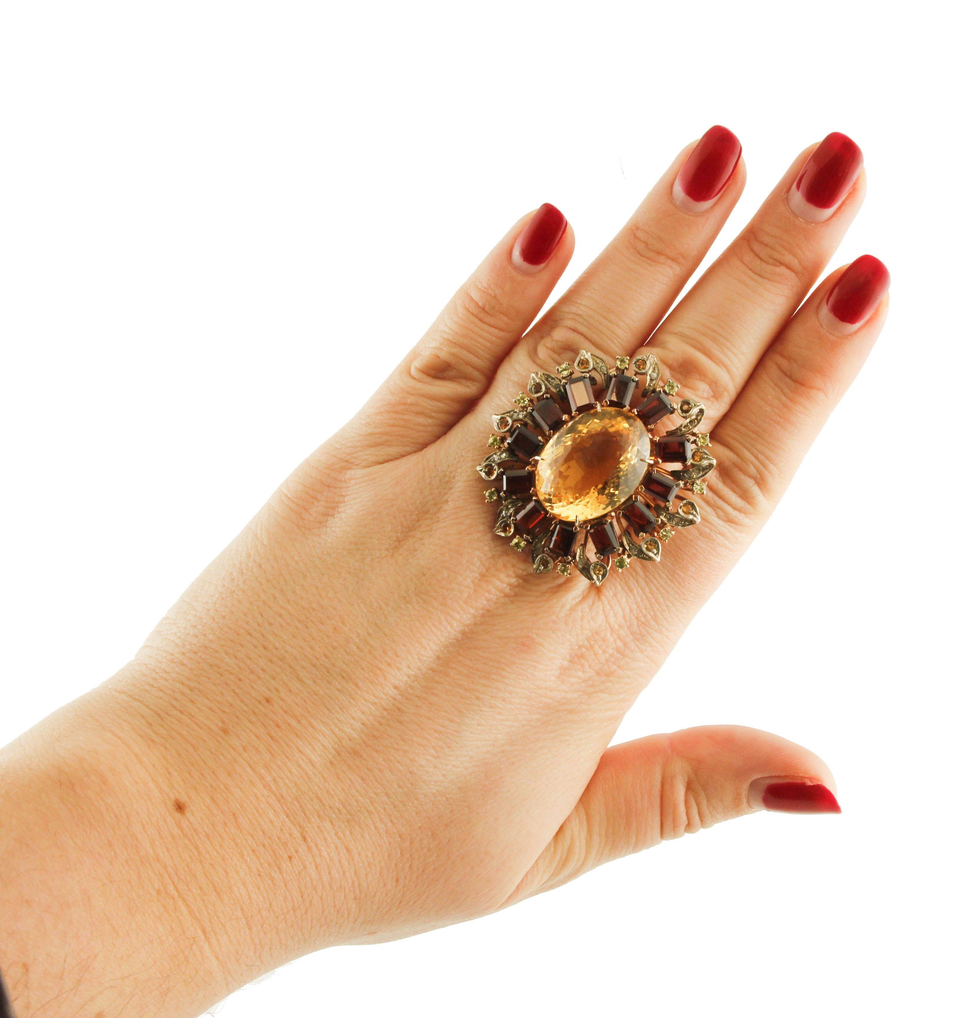 Women's Diamonds Topazes Garnets Rose Gold and Silver Cocktail Ring