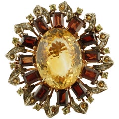 Vintage Diamonds Topazes Garnets Rose Gold and Silver Cocktail Ring