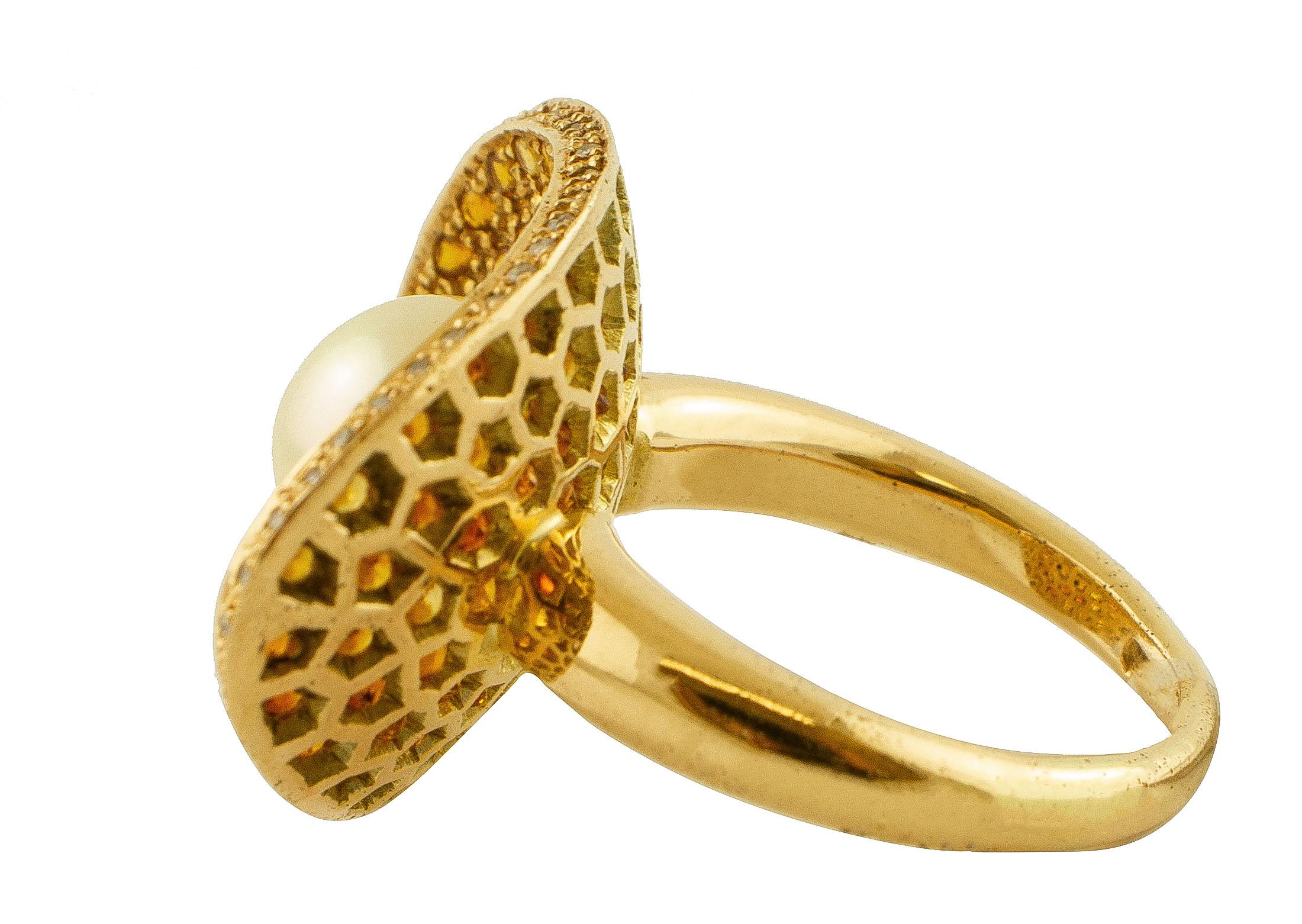 Retro  Diamonds Topazes Pearl Rose Gold Concave Shape Ring