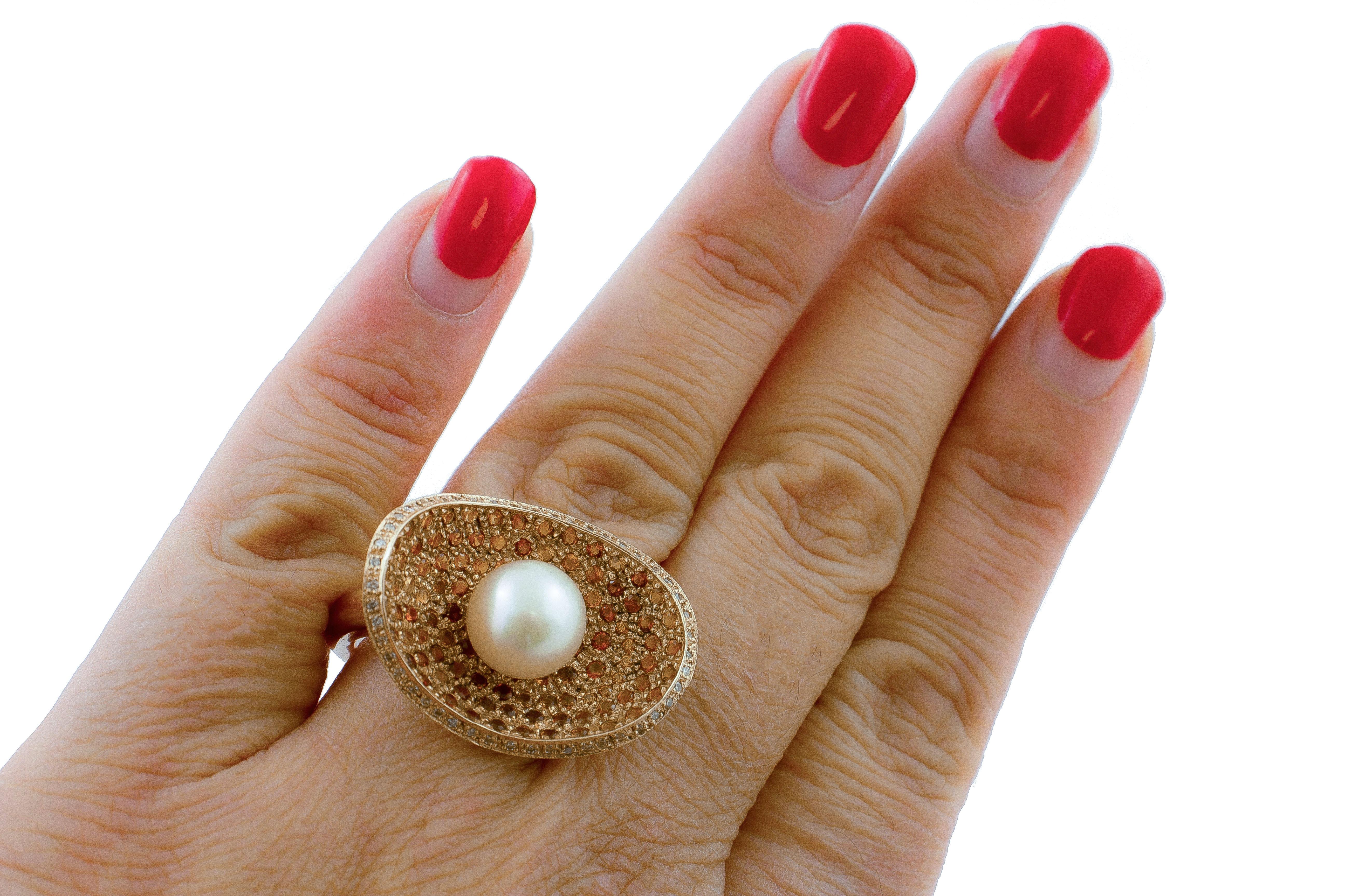 Women's  Diamonds Topazes Pearl Rose Gold Concave Shape Ring