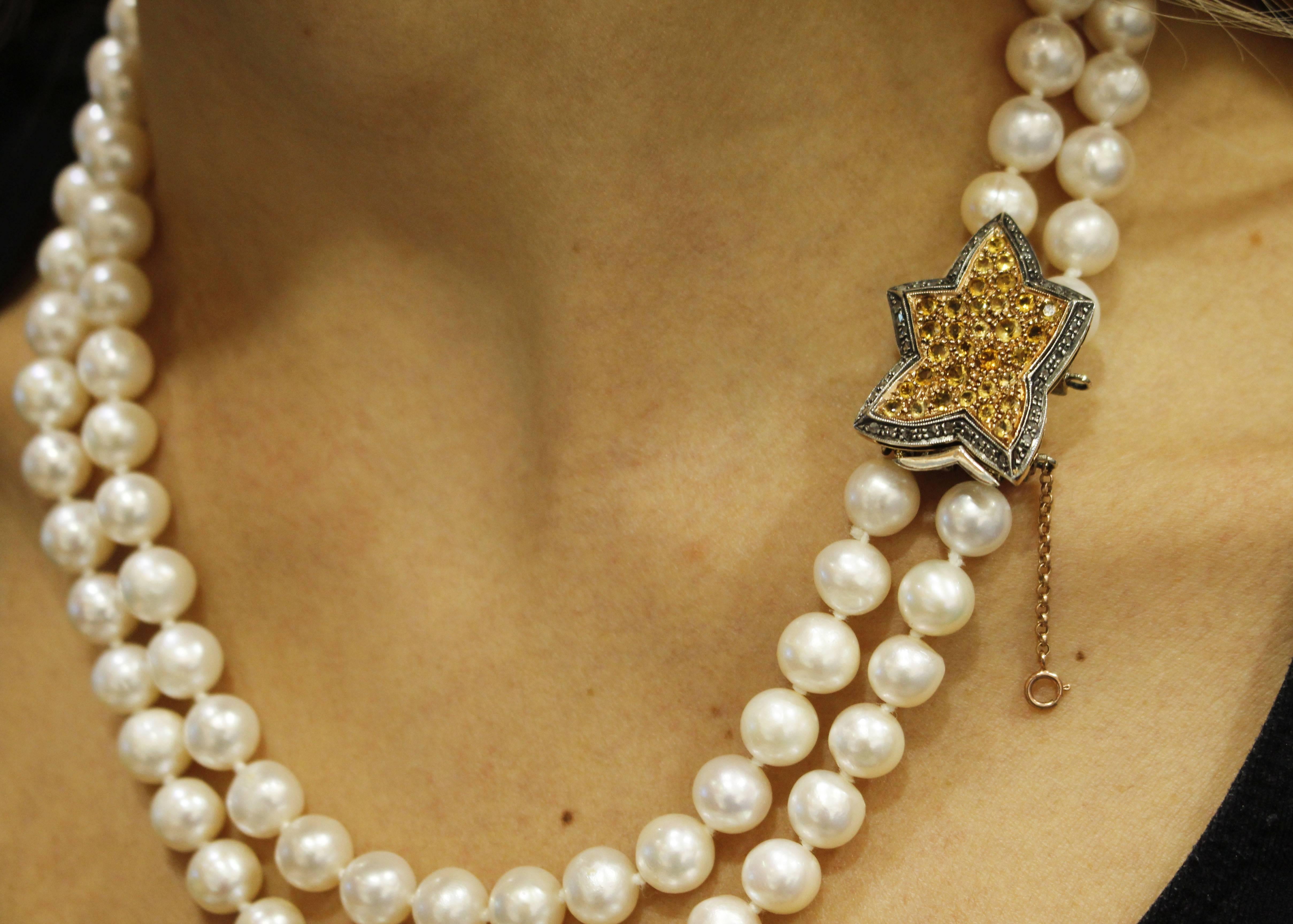 Halskette mit Diamanten, Topas Perlen, Weiß-Roségold und Silberperlen Damen im Angebot