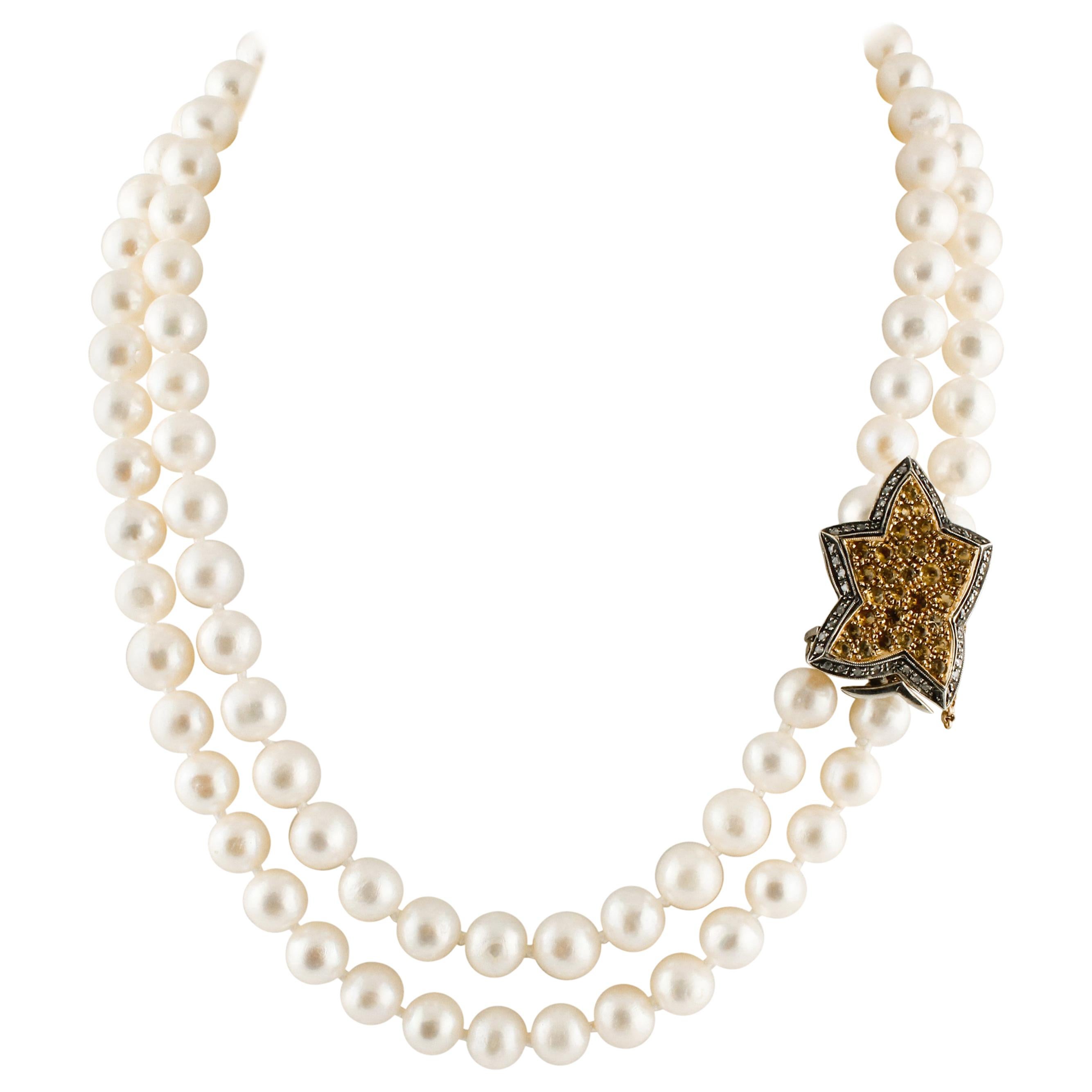 Diamonds Topazes Pearls White Rose Gold and Silver Beaded Necklace
