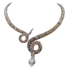 Diamonds, Topazs, Garnets, Rose Gold and Silver Snake Necklace