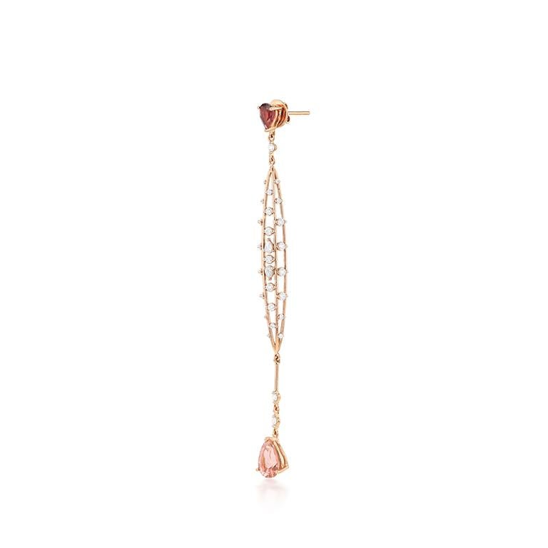 Contemporary Diamonds, Tourmaline and Rhodolite Dangling Drop Earrings For Sale