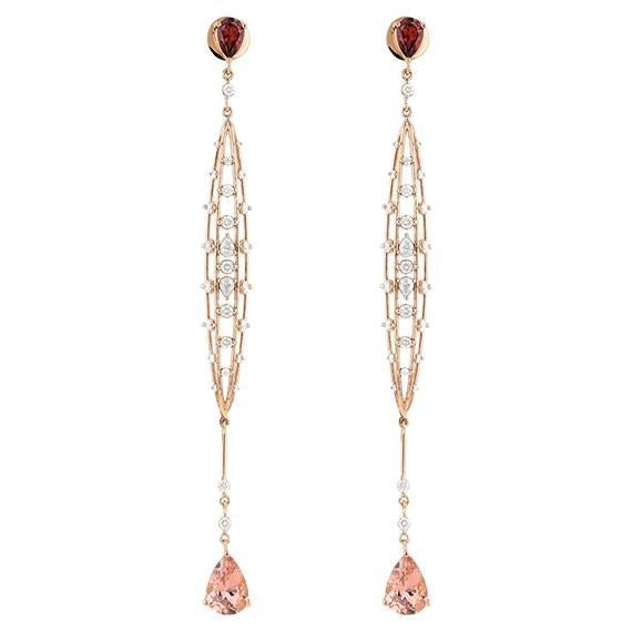 Diamonds, Tourmaline and Rhodolite Dangling Drop Earrings