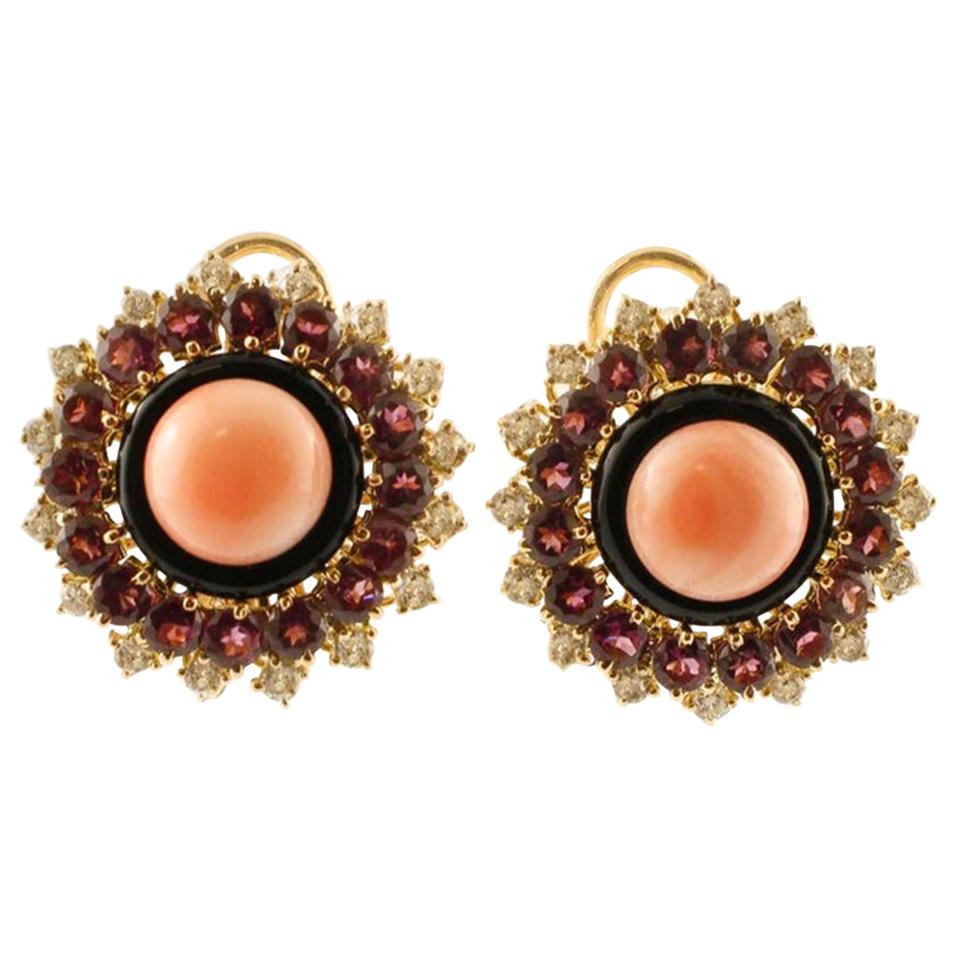 Diamonds, Tourmaline, Onyx, Pink Coral 14 Karat Rose Gold Clip-On Retrò Earrings