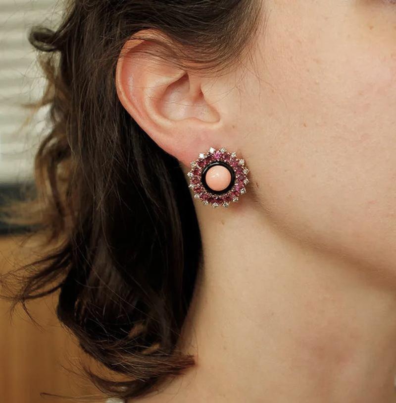 Women's Diamonds, Tourmaline, Onyx, Pink Coral 14 Karat Rose Gold Clip-On Retrò Earrings