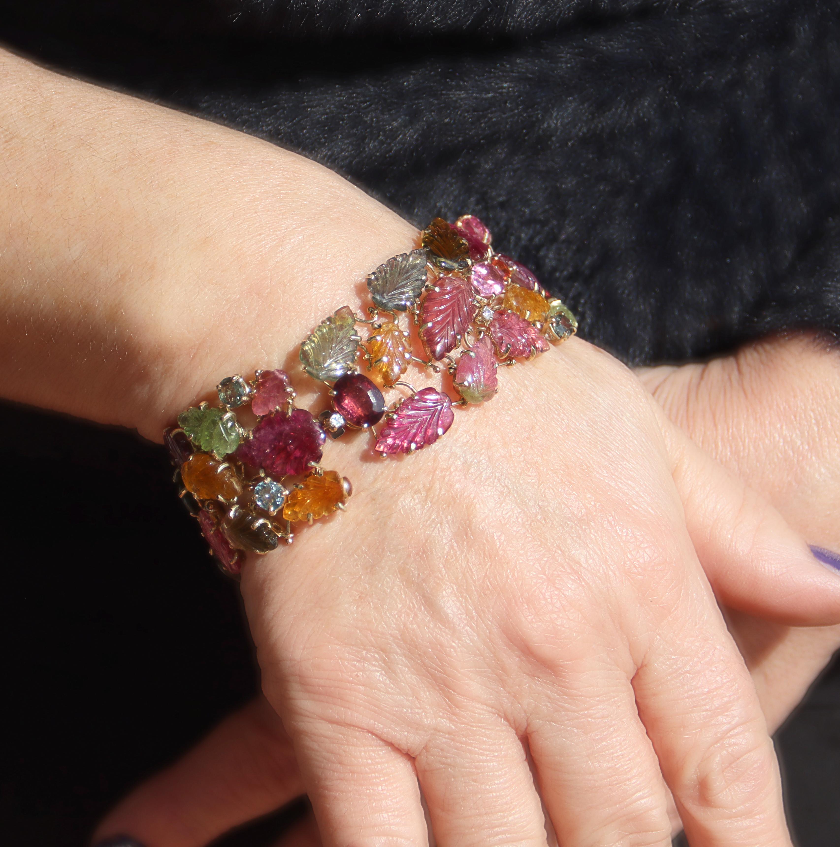 Diamonds Tourmaline Sapphires 14 Karat Yellow Gold Cuff Bracelet For Sale 4