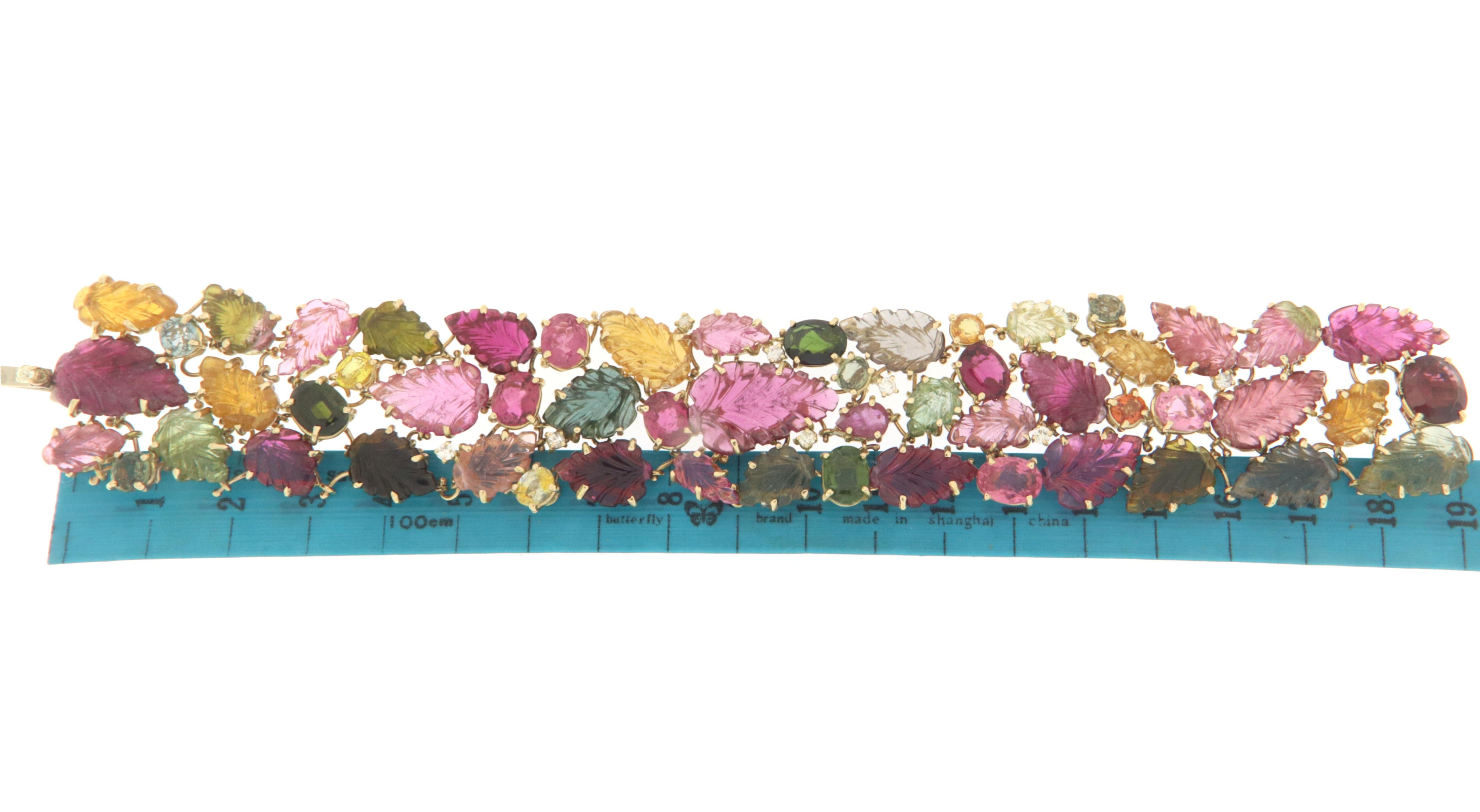 Artisan Diamonds Tourmaline Sapphires 14 Karat Yellow Gold Cuff Bracelet For Sale