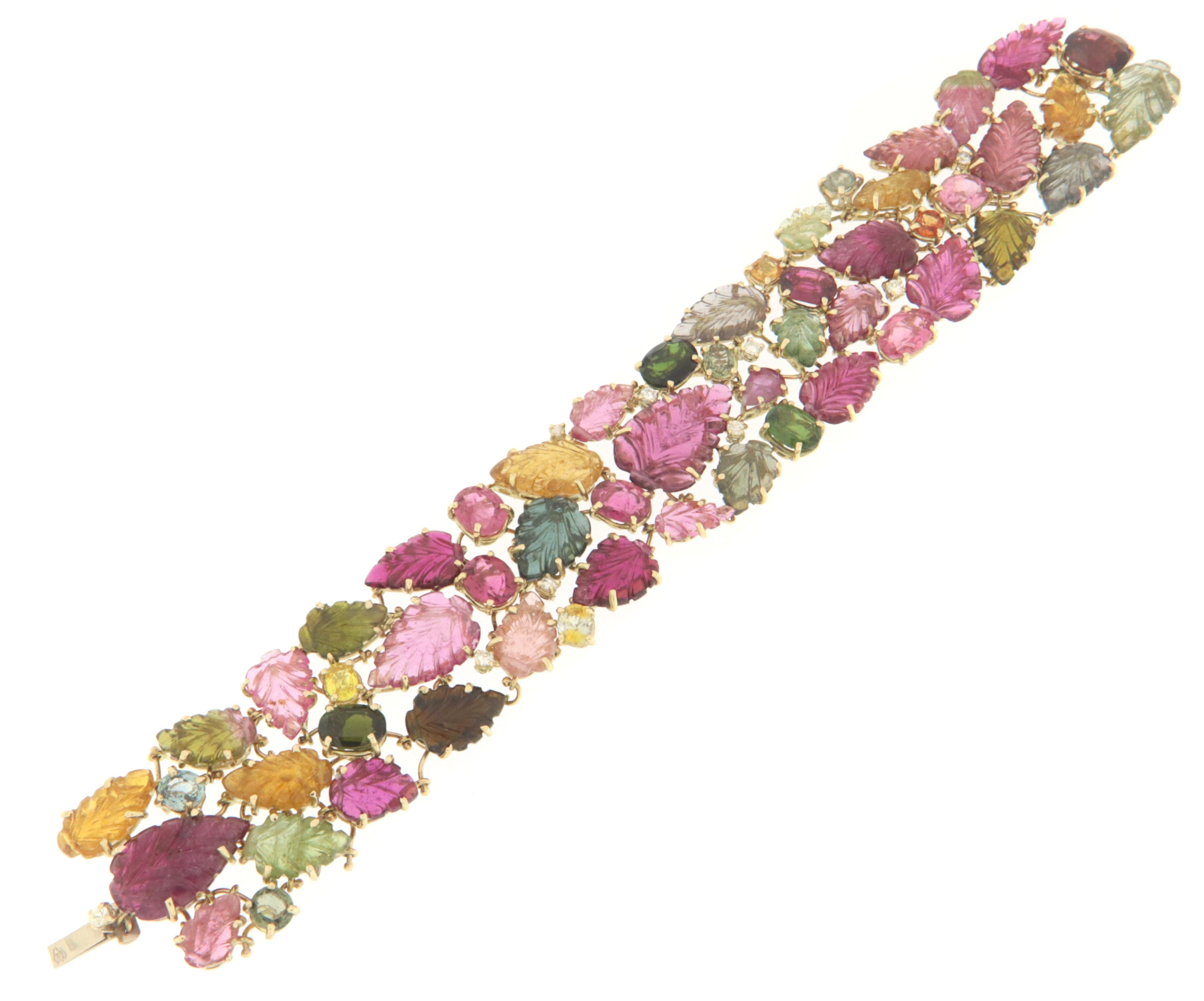Brilliant Cut Diamonds Tourmaline Sapphires 14 Karat Yellow Gold Cuff Bracelet For Sale