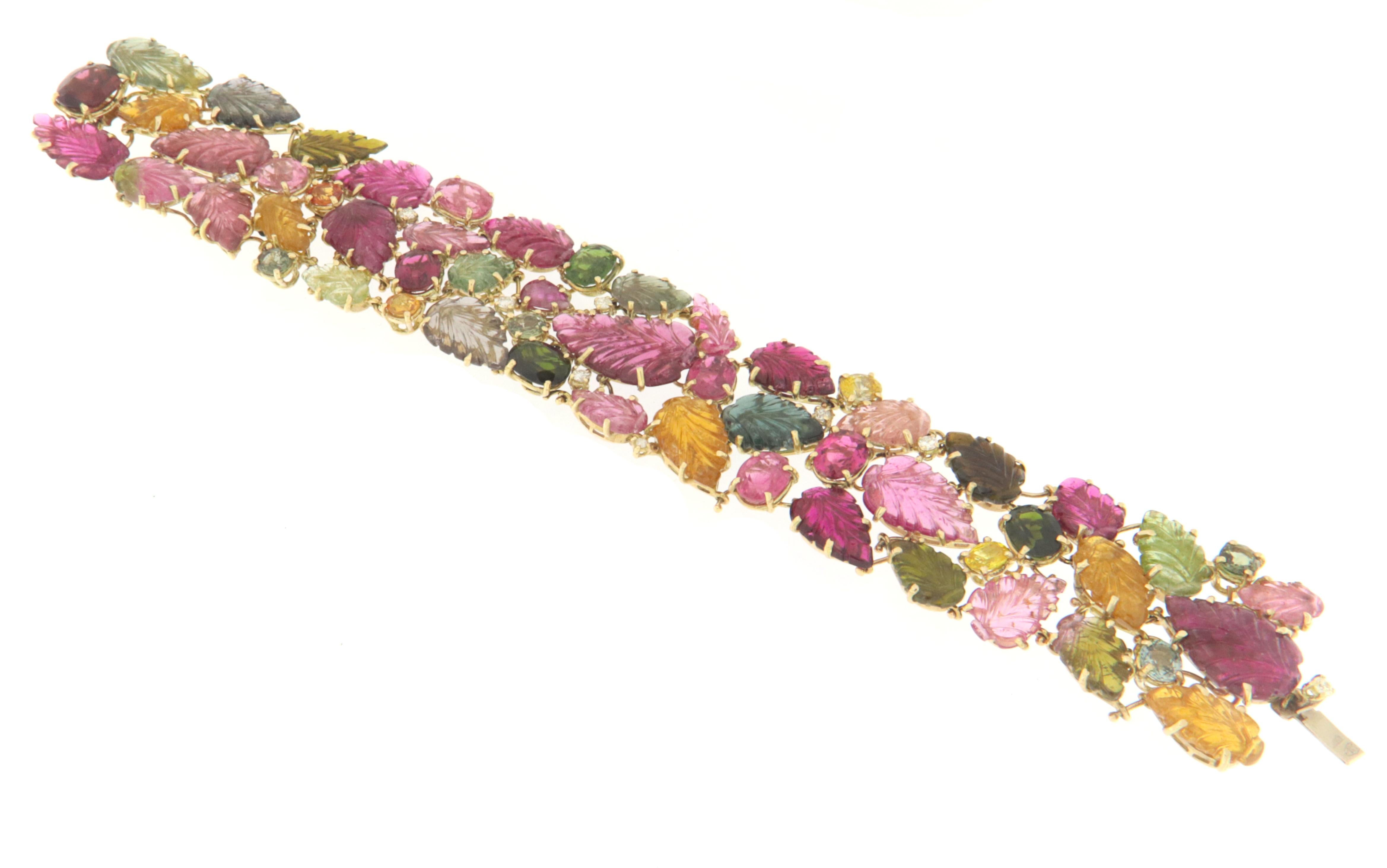 Diamonds Tourmaline Sapphires 14 Karat Yellow Gold Cuff Bracelet In New Condition For Sale In Marcianise, IT