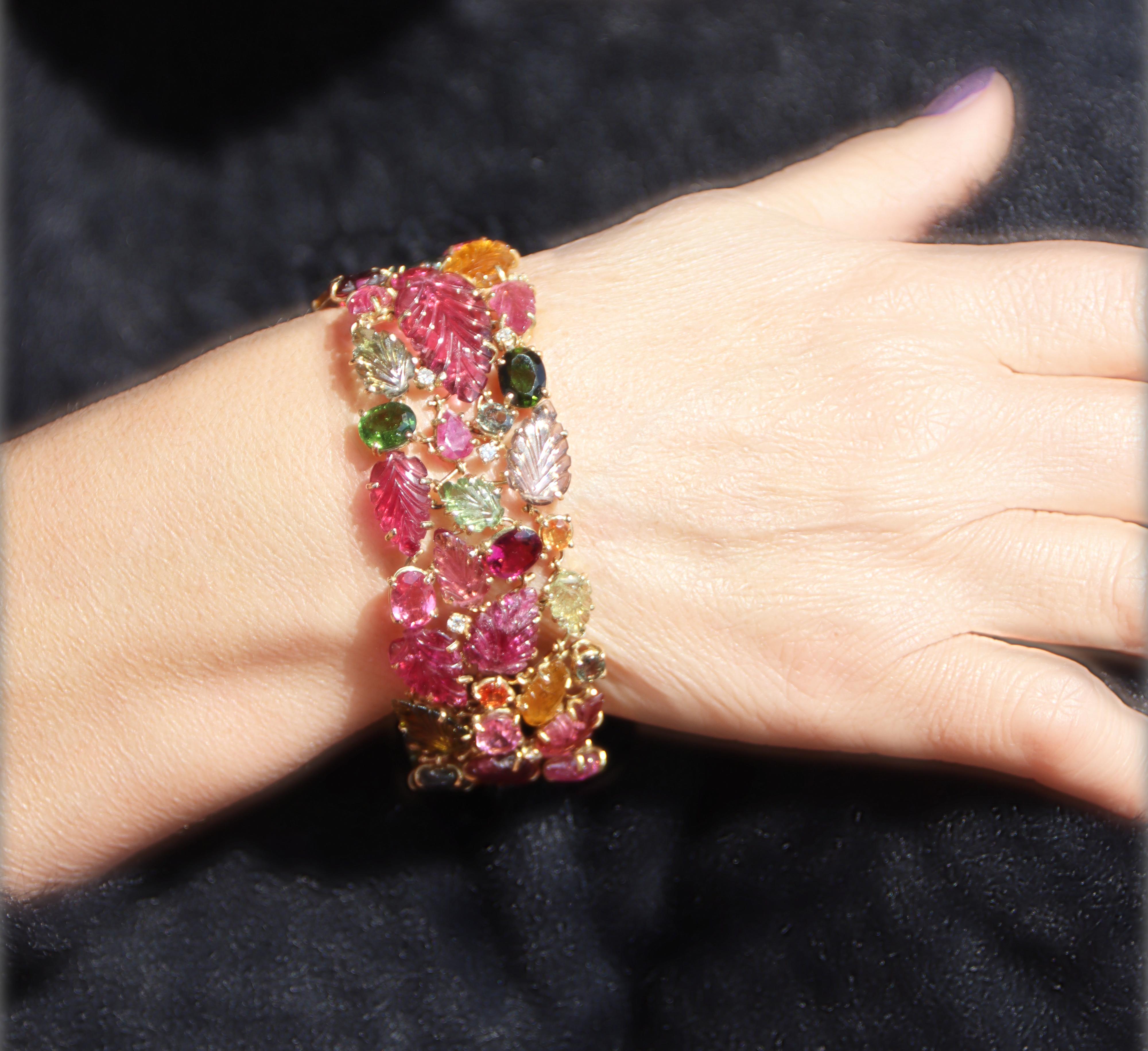 Diamonds Tourmaline Sapphires 14 Karat Yellow Gold Cuff Bracelet For Sale 2