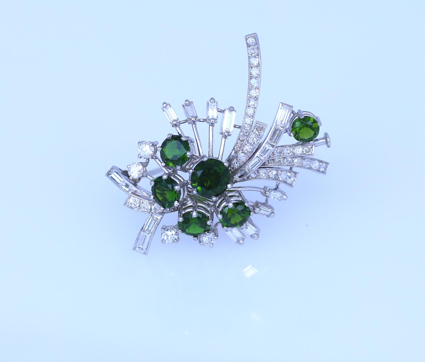 Diamonds Tourmalines Platinum Brooch, 1950 2